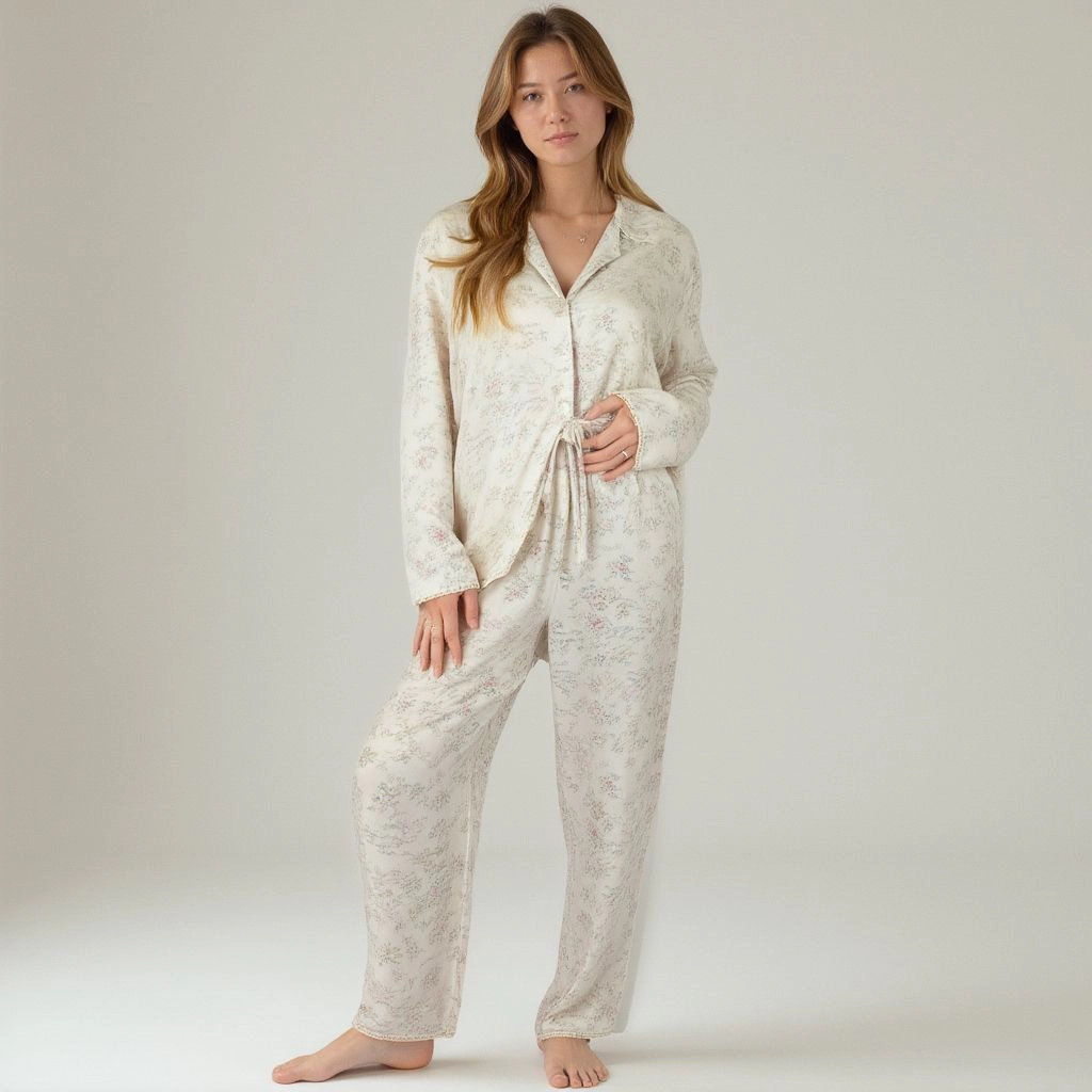 Anna-Kaci Women's Soft Brushed Pajama Set with Subtle Floral Print Long Sleeve Button Up Top and Drawstring Pants