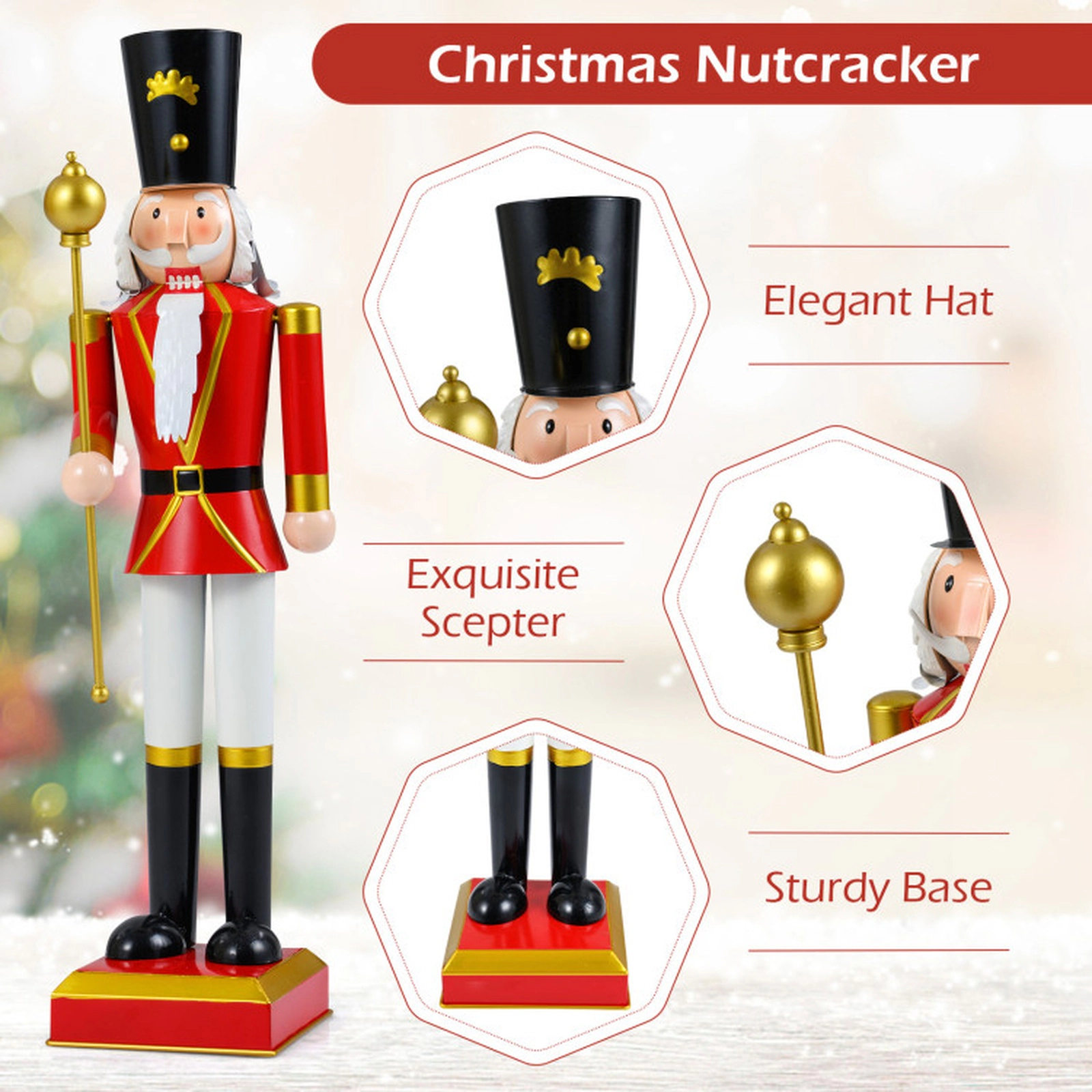 SUGIFT 32.5-in Christmas Nutcracker with High Hat and Scepter Red + Black + Golden/ White + Golden
