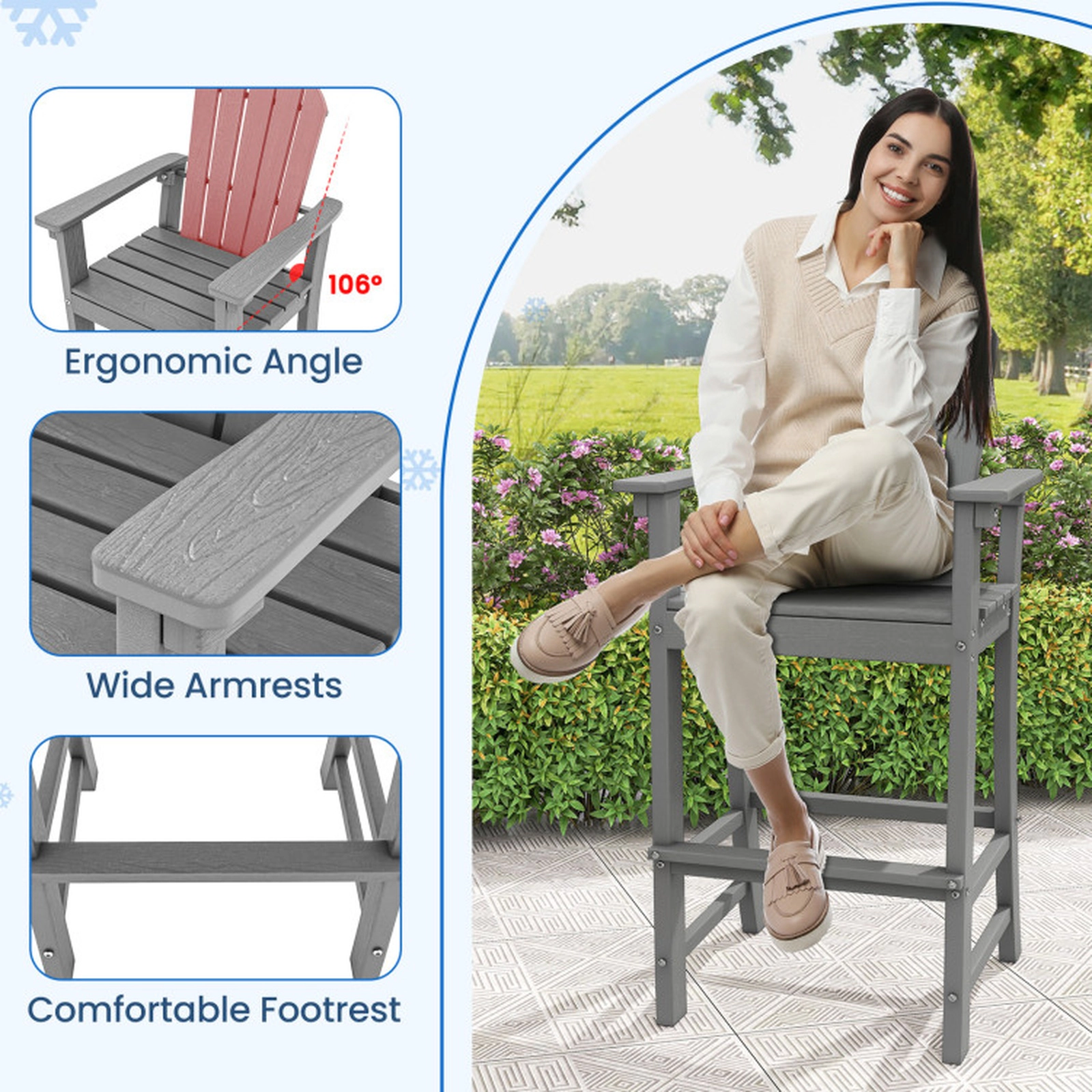 SUGIFT Armrests and Footrest Set of 2 Counter Height Outdoor HDPE Bar Stools