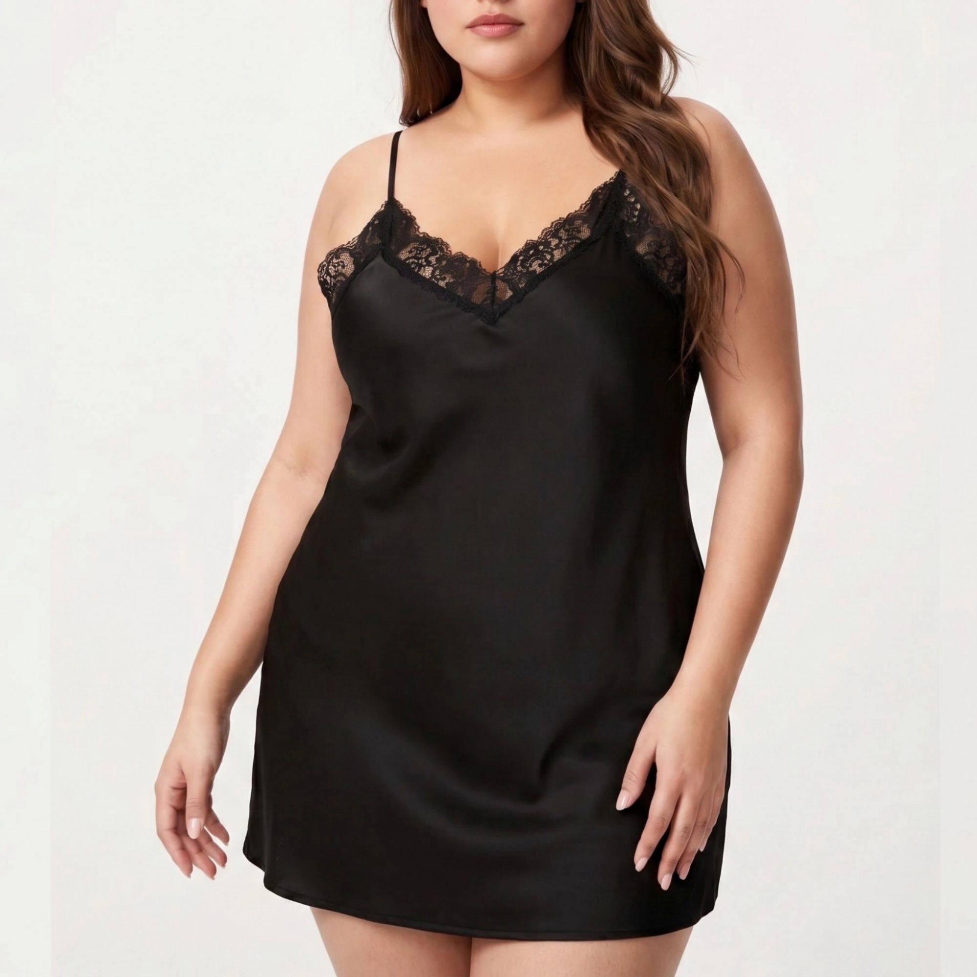 Anna-Kaci Women's Plus Satin Chemise Lace Trim V Neck Sleep Dress Adjustable Strap Slip Nightgown