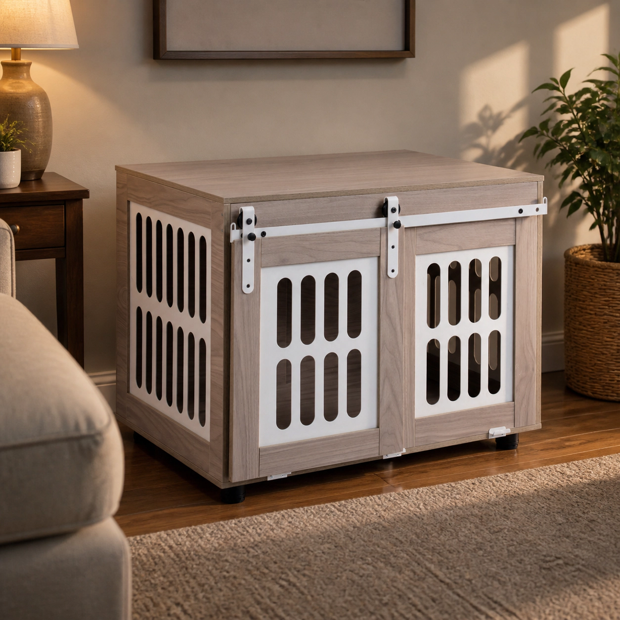 SUGIFT Gray Dog Crate Furniture with Sliding Barn Door Side Metal Windows and Locking Knobs for Dogs