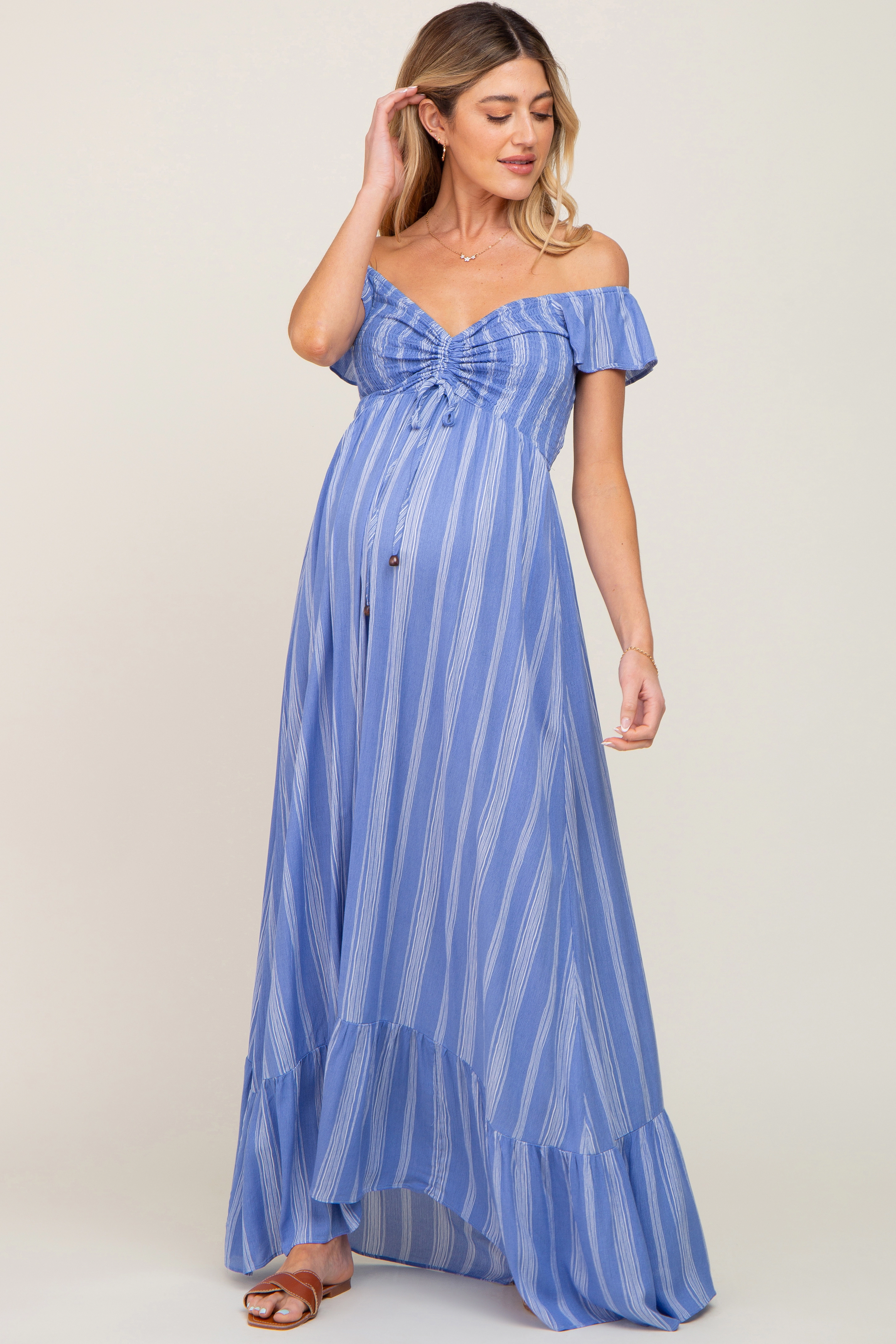 PinkBlush Womens Blue Striped Off Shoulder Front Tie Maternity Maxi Dress