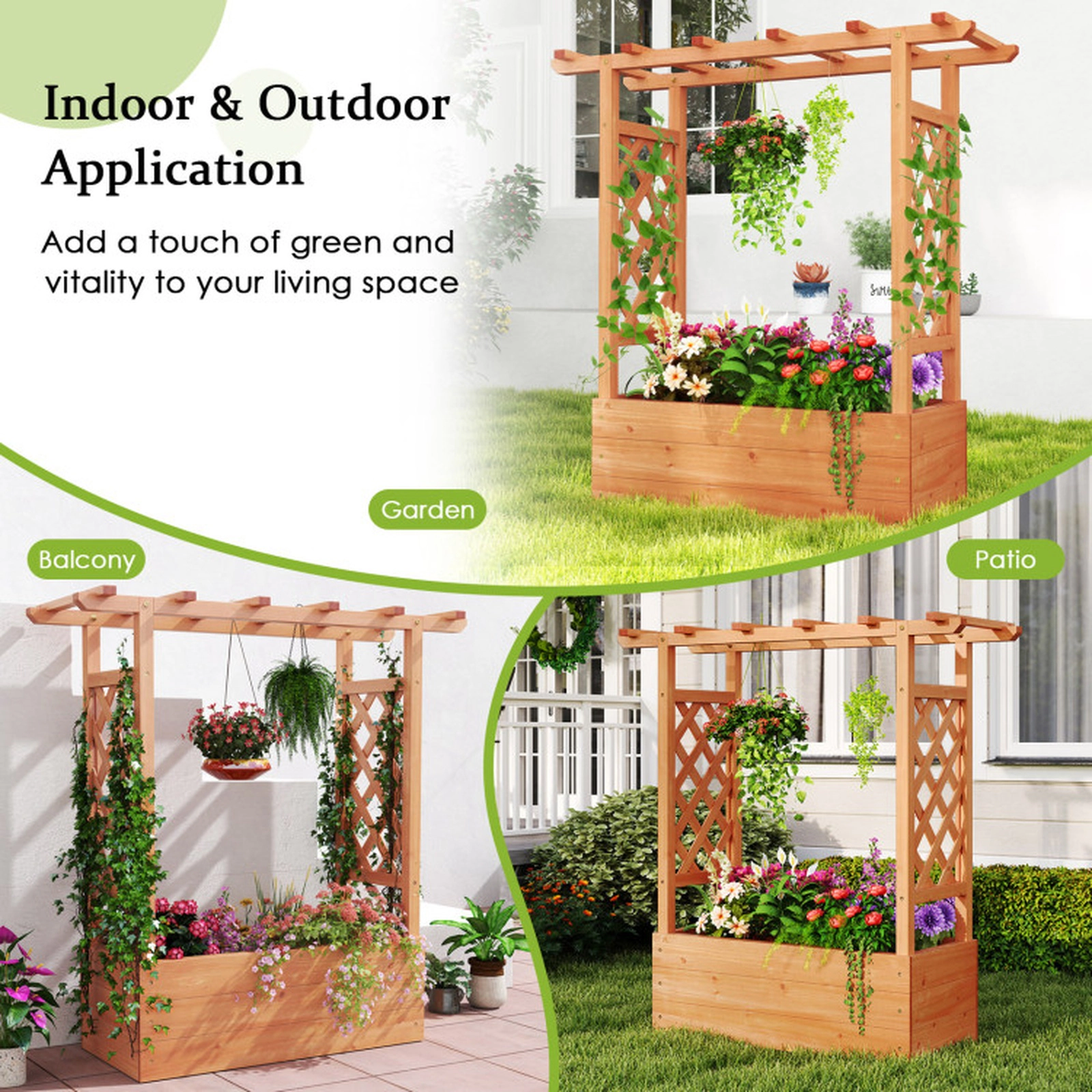SUGIFT Orange Wooden Raised Garden Bed with 2 Side Trellises and Hanging Roof 43-in W 17-in D 45-in H