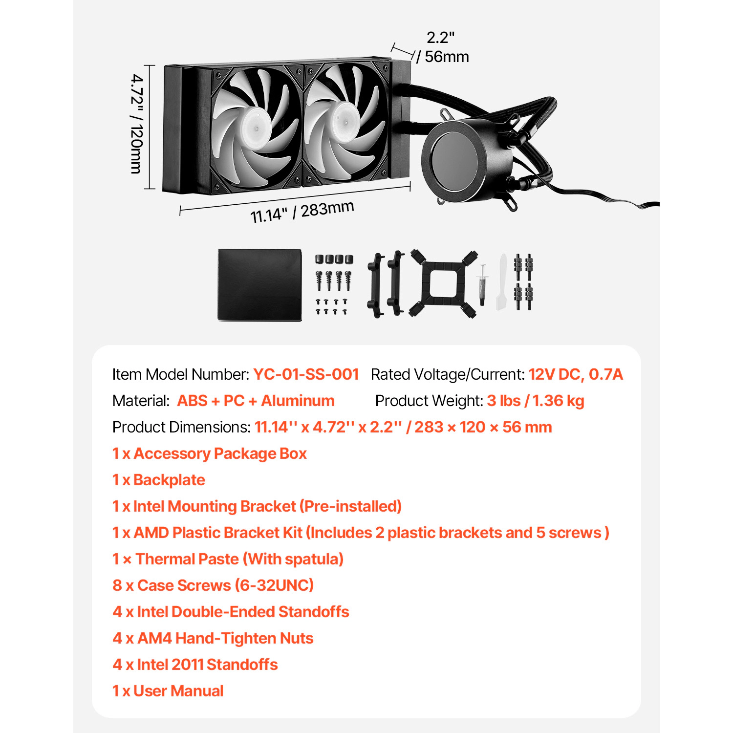 HONGGE CPU Liquid Cooler AIO CPU Water Cooler - PWN Fans & Pump Customizable Black PC Liquid Cooler with 2.1'' LCD