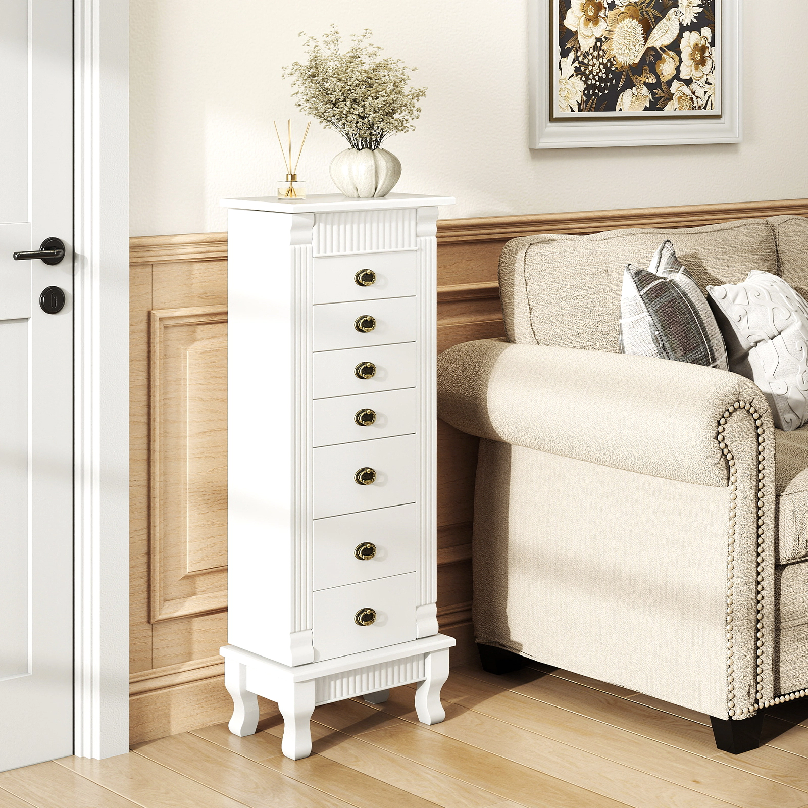 SUGIFT Free Standing Jewelry Armoire Cabinet Storage Chest with Drawers and Swing Doors 39-in Tall White