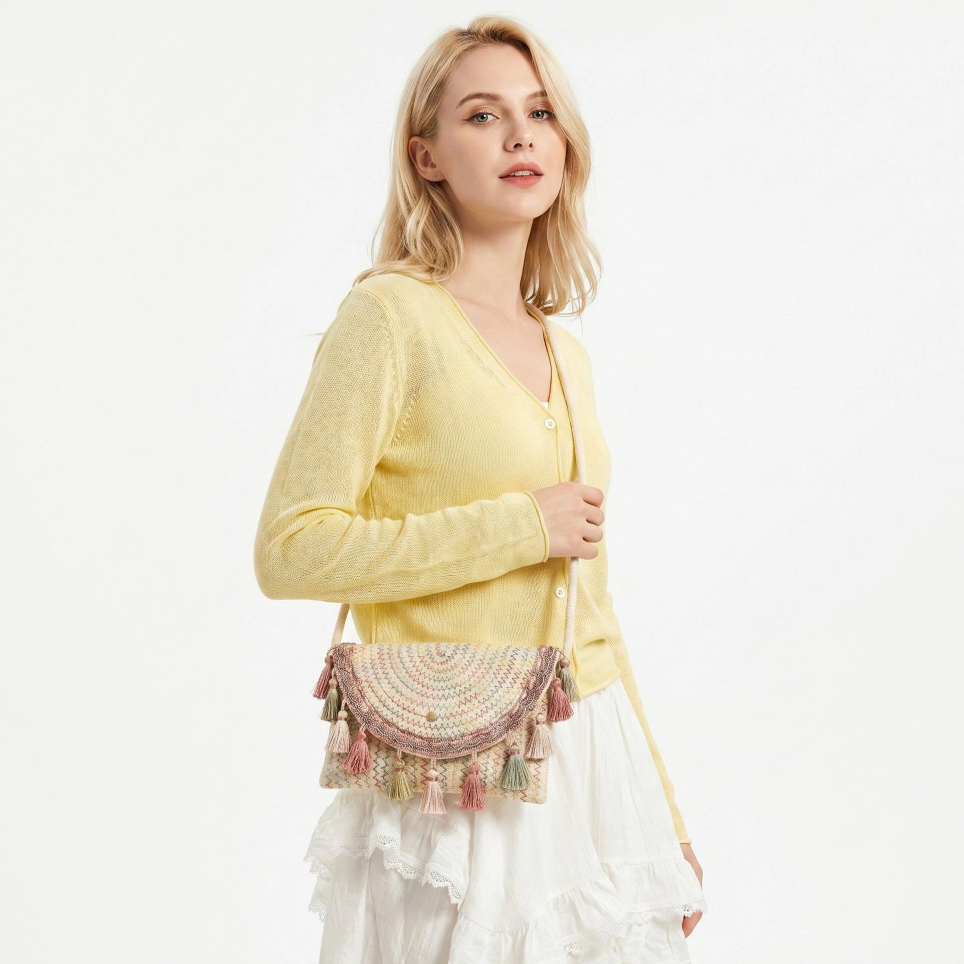 Alilang Women's Boho Woven Fabric Crossbody Bag with Tassel Trim and Magnetic Closure, Beige