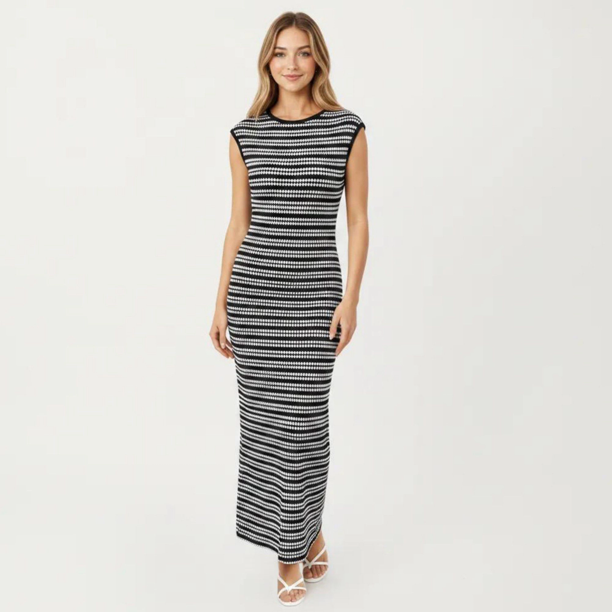 Anna-Kaci Women's Sleeveless Crew Neck Striped Knit Column Maxi Dress