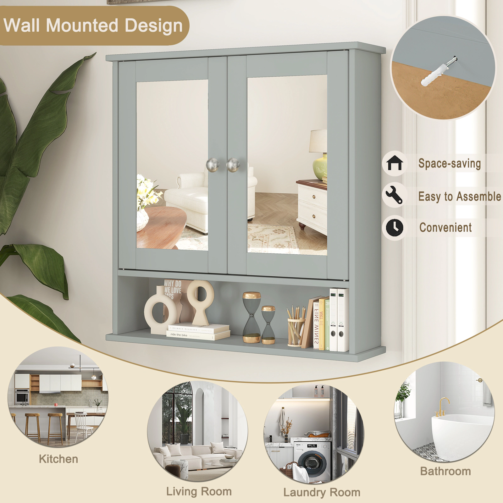SUGIFT Twin Mirror Doors 3-Level Adjustable Shelf Bathroom Medicine Cabinet 22-in x 5-in x 23-in 44-lb Gray