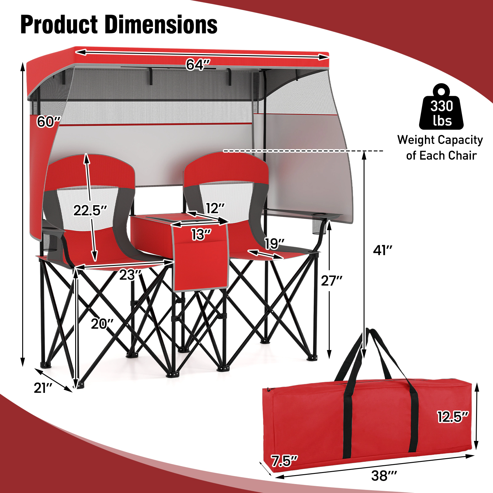 SUGIFT 2-Seat Double Beach Chair with UPF50 Canopy, Curtains and Cooler