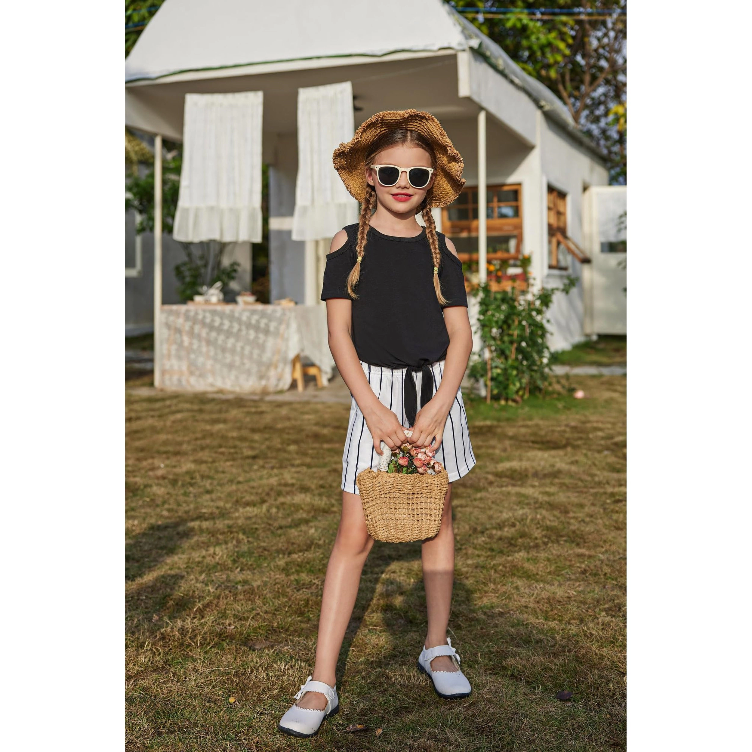 Arshiner Girls Short Sets Sleeve Tie Knot Tshirts And Casual Shorts With Pockets Cute Clothes