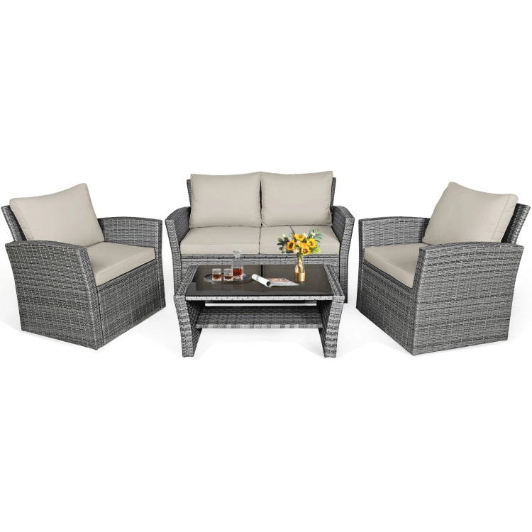 Hivvago 4 Pieces Patio Rattan Furniture Set Sofa Table With Storage Shelf Cushion