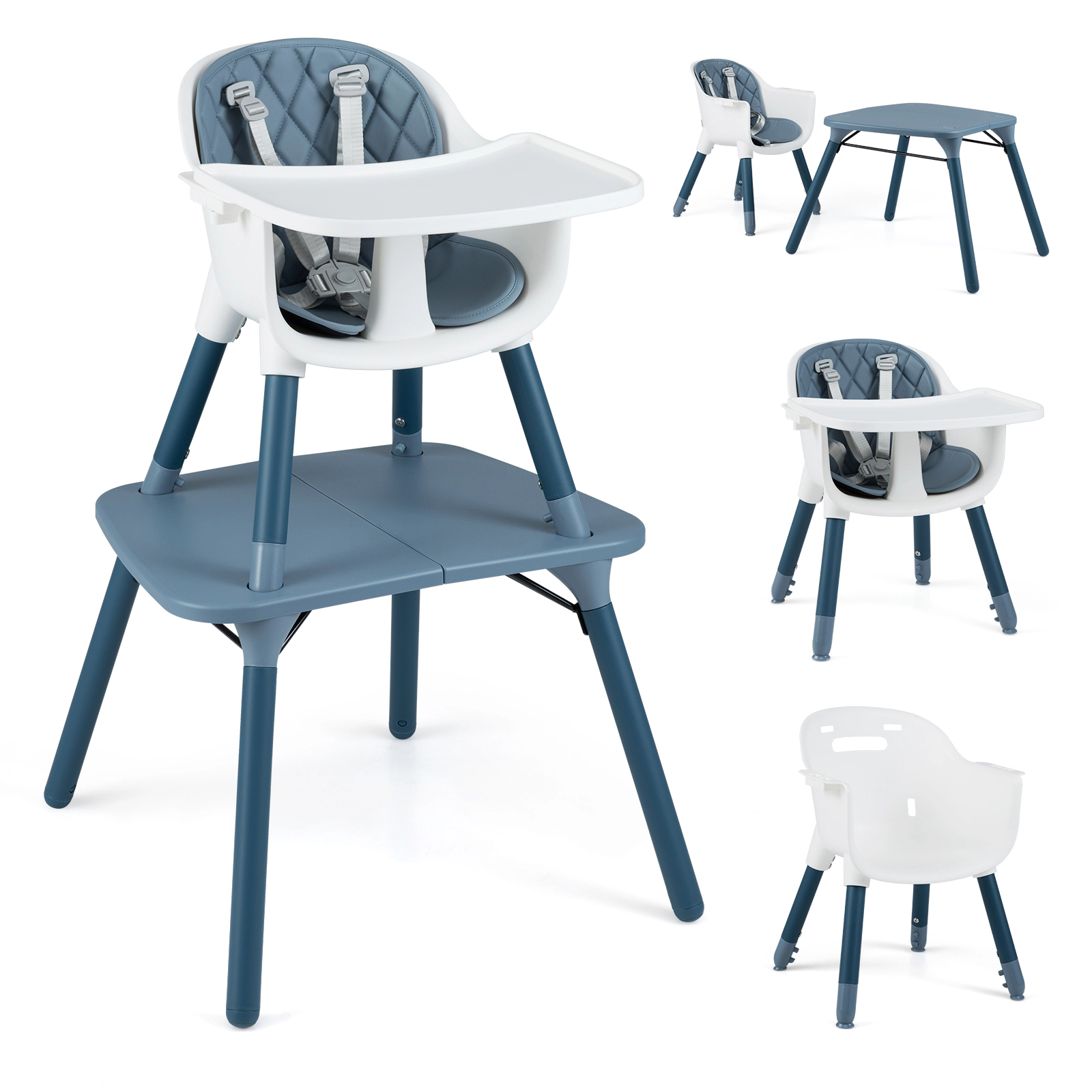 SUGIFT 4-in-1 Convertible Baby High Chair & Toddler Table Chair Set with PU Cushion 33-lb Capacity Ages 6-36 Months Blue