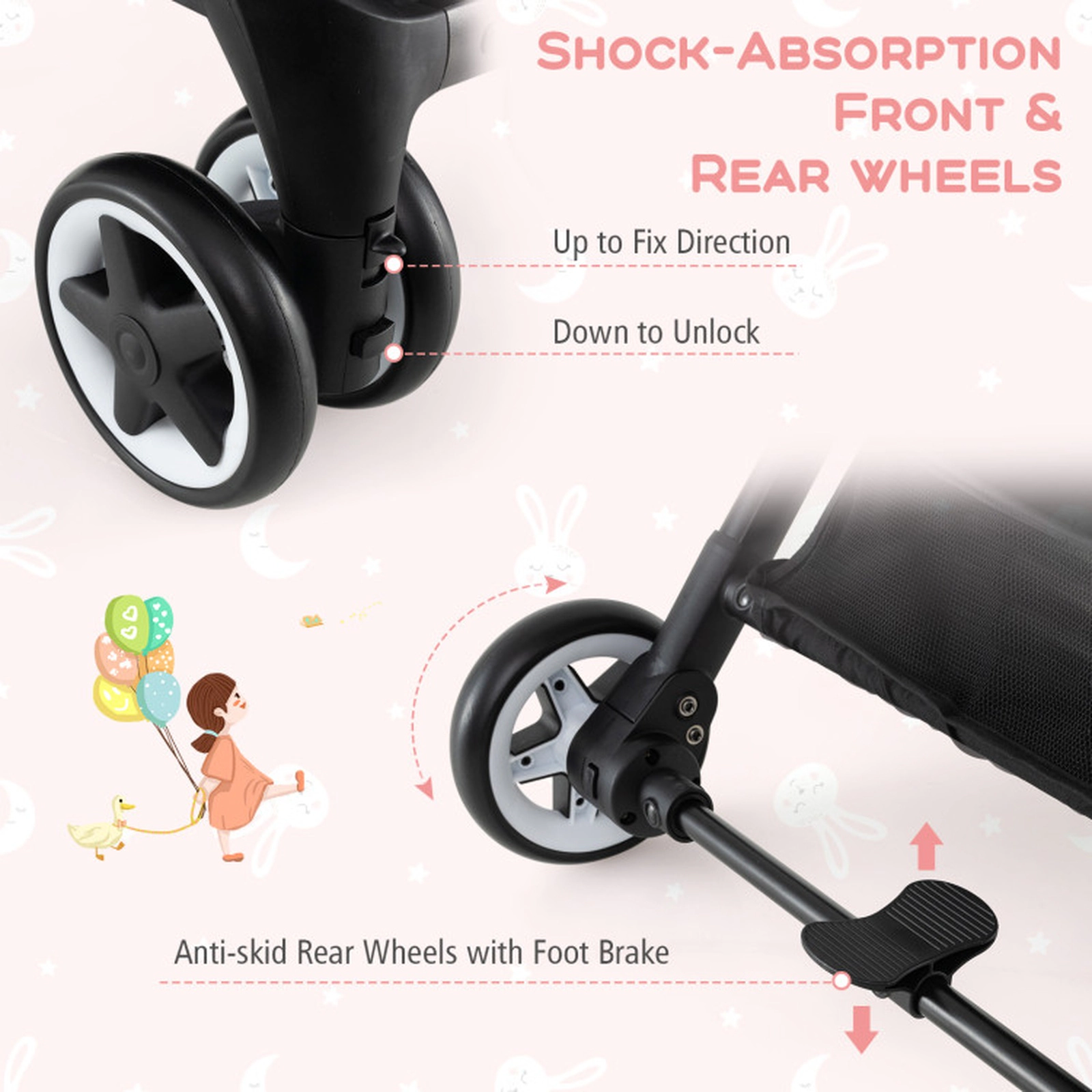 SUGIFT Lightweight Aluminum Frame Baby Stroller 33-lb Capacity Ages 0-3 Years Black with Parasol and Mosquito Net