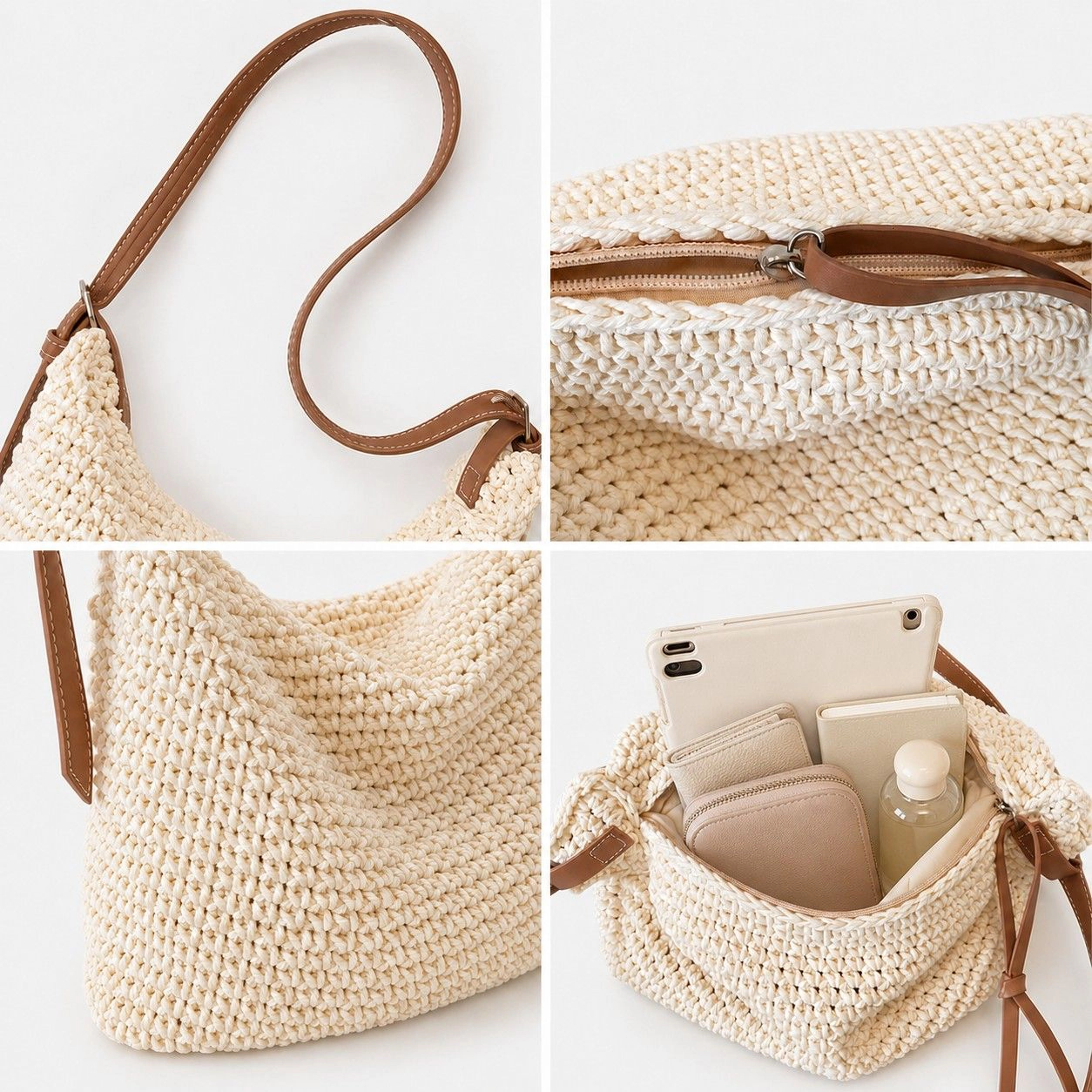 Alilang Women's Woven Hobo Shoulder Crossbody Bag with Zip Closure and Slouchy Shape, Beige