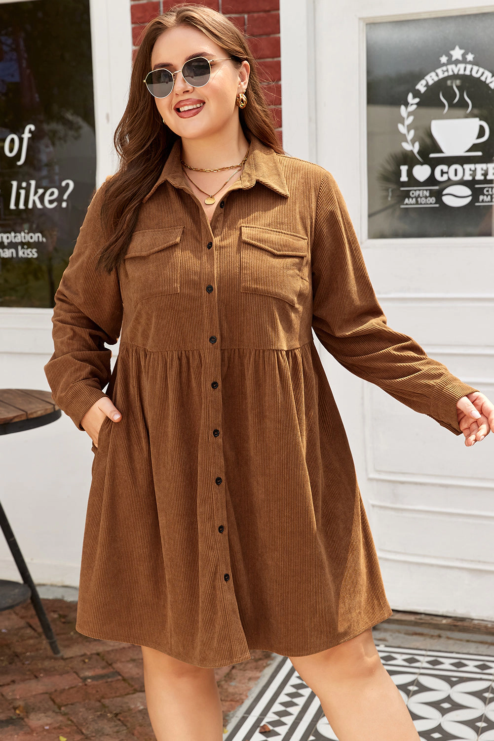 Threaded Pear Women's Galilea Corduroy Full Collared PLUS Shirt
