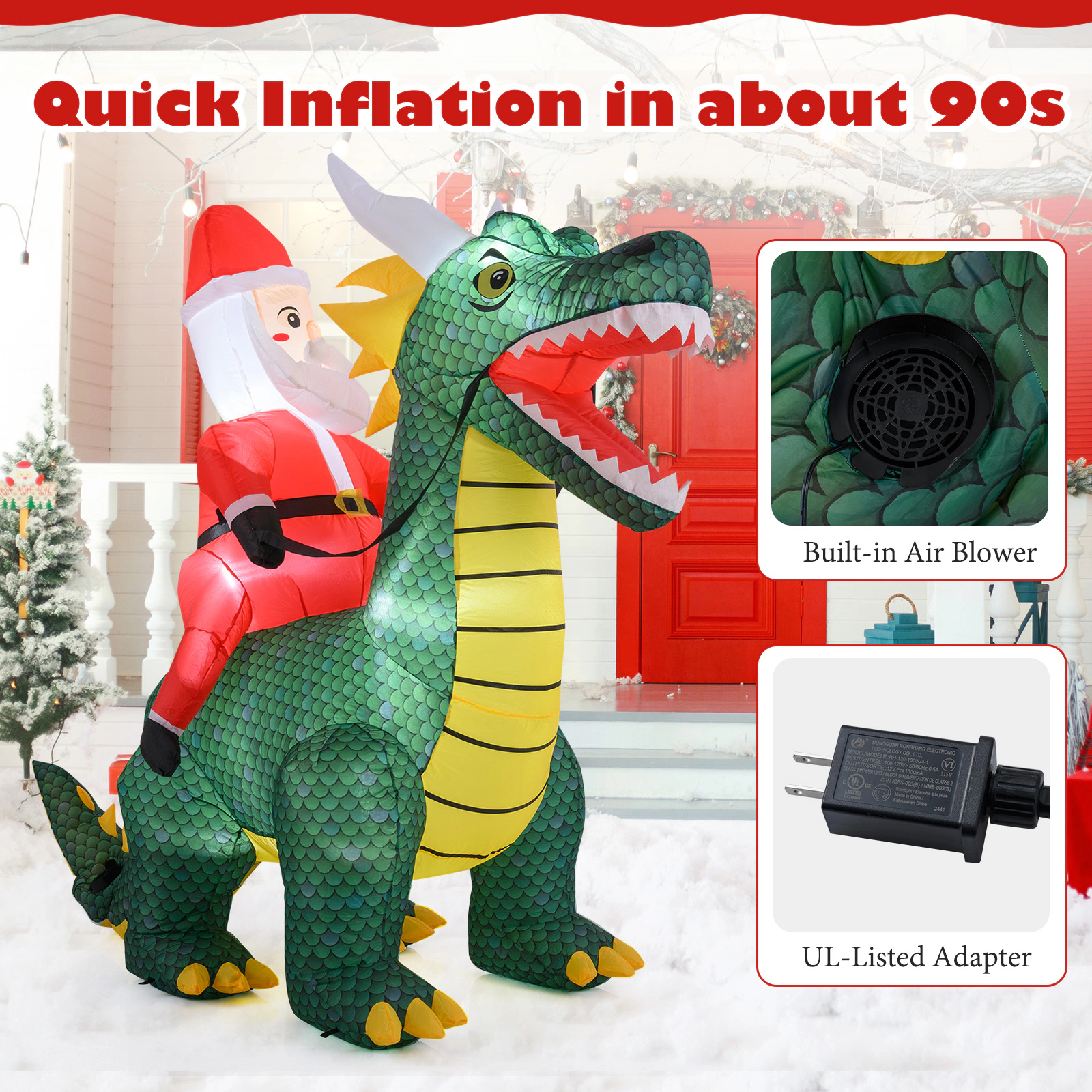 Costway 6.7 FT Christmas Inflatable Santa Claus Ride on Dinosaur