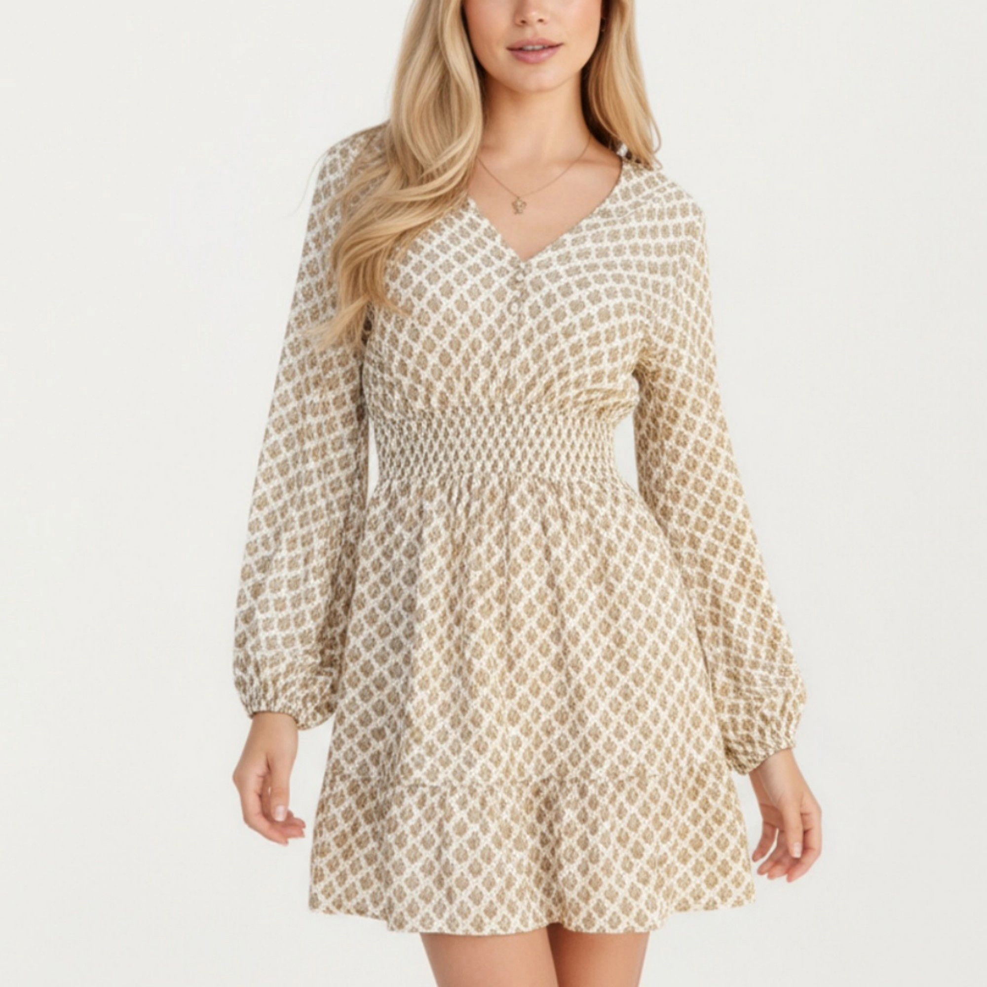 Anna-Kaci Women's Floral Printed Long Sleeve Smocked Waist Mini Dress