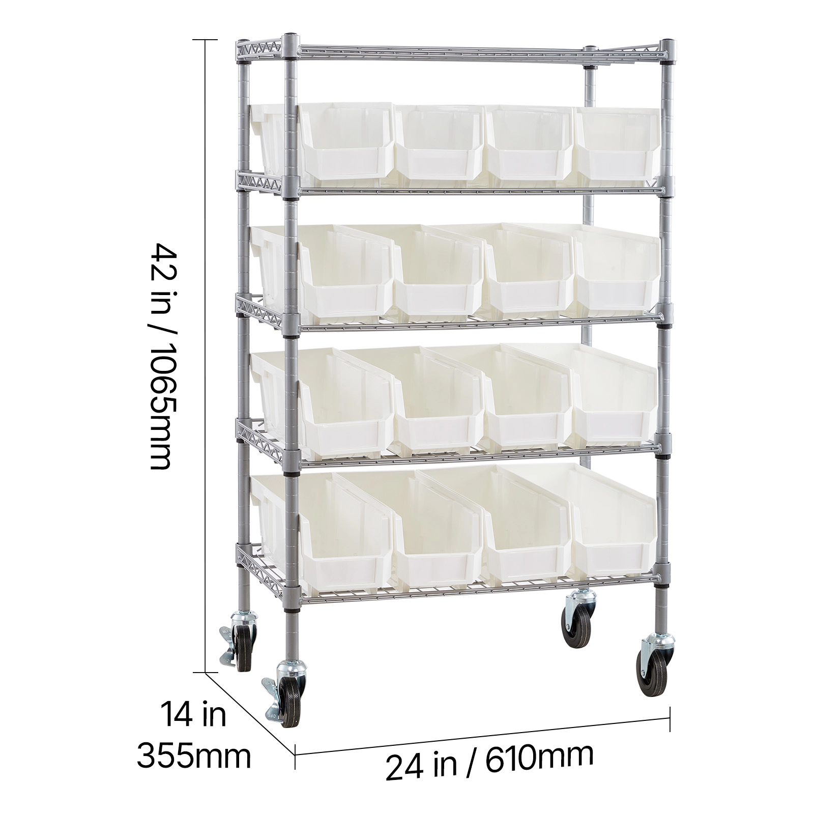 Flynama 5-Tier Rolling Bin Storage Rack with 16 Bins and Wheels, Mobile Steel Organizer for Garage, Warehouse and Office