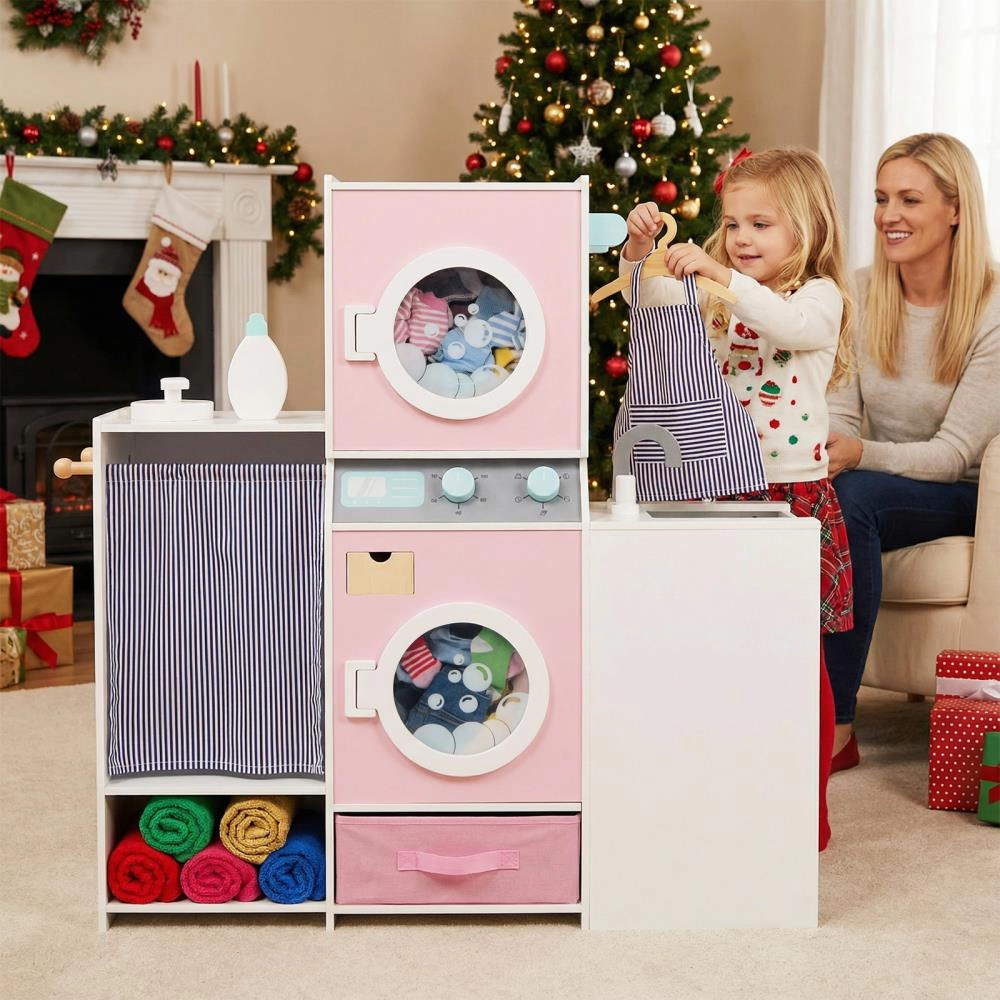 Hivvago Wooden Kids Laundry Playset with Laundry Detergent Bottle and Clothes Hangers