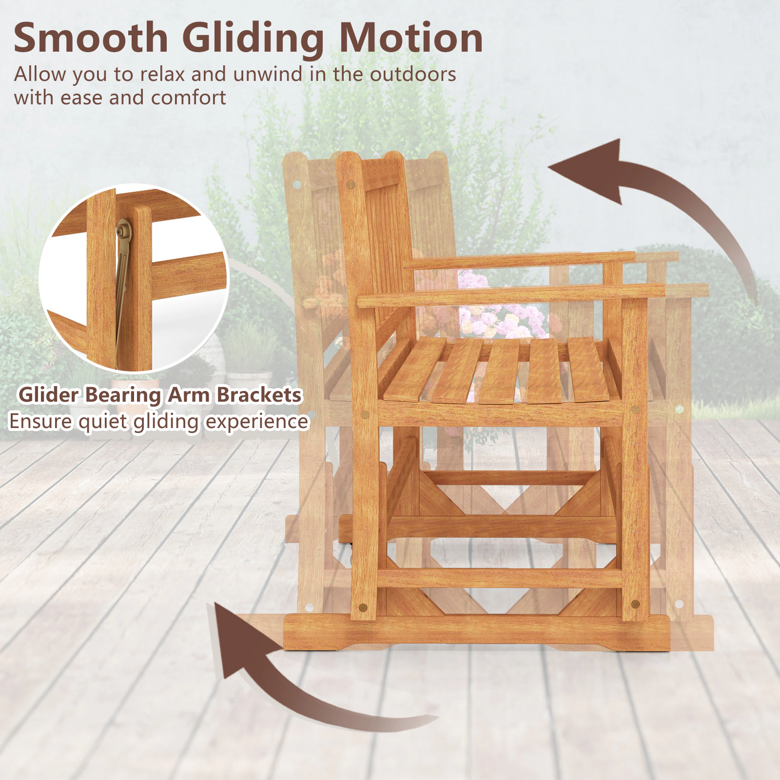 SUGIFT Natural 2-Person Patio Swing Rocking Loveseat Outdoor Acacia Wood Glider Bench