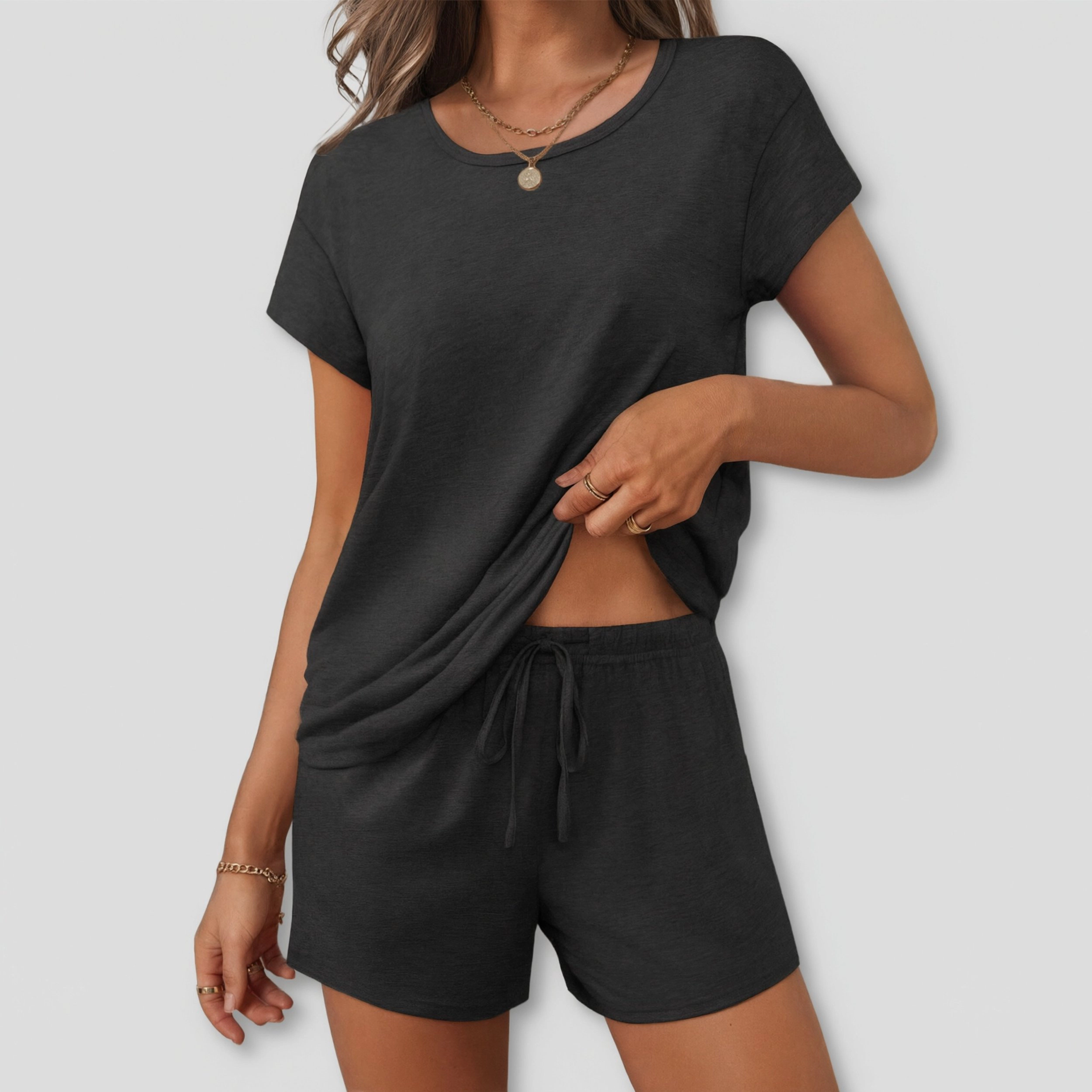 Ekouaer Womens Two Piece Pajamas Set Short Sleeve Comfy Lounge Round Neck Tops and Shorts