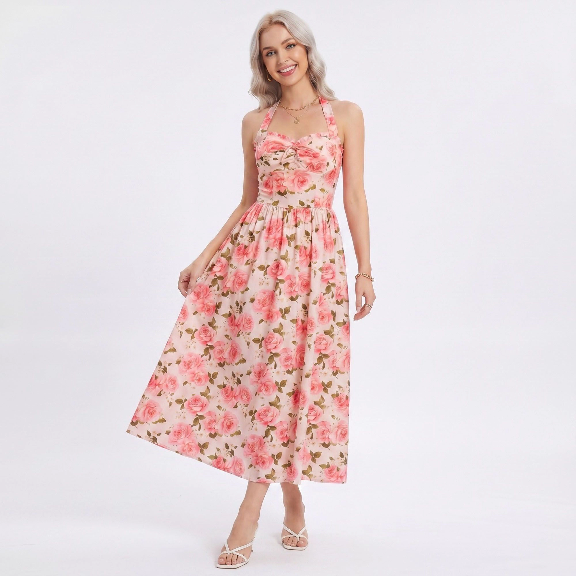 Anna-Kaci Women's Floral Print Halter Smocked Back Midi Dress