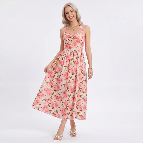 Anna-Kaci Women's Floral Print Halter Smocked Back Midi Dress