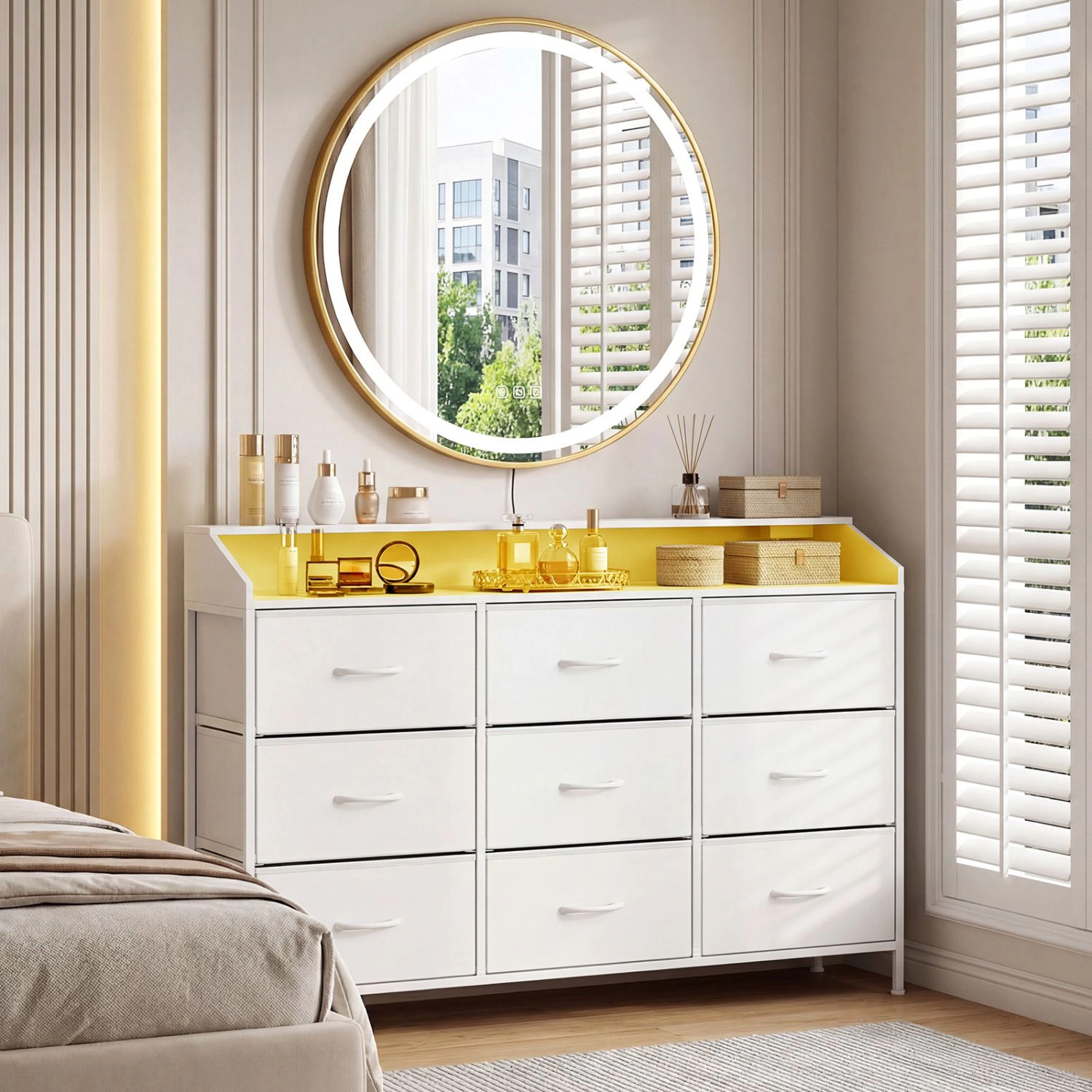 SlickBlue LED Storage Dresser with 9 Fabric Drawers & Charging Station