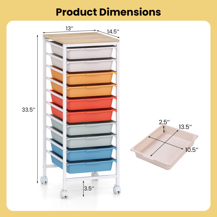 Hivvago 10-Drawer Rolling Storage Cart Mobile Utility Organizer With Wooden Tabletop And Lockable Wheels