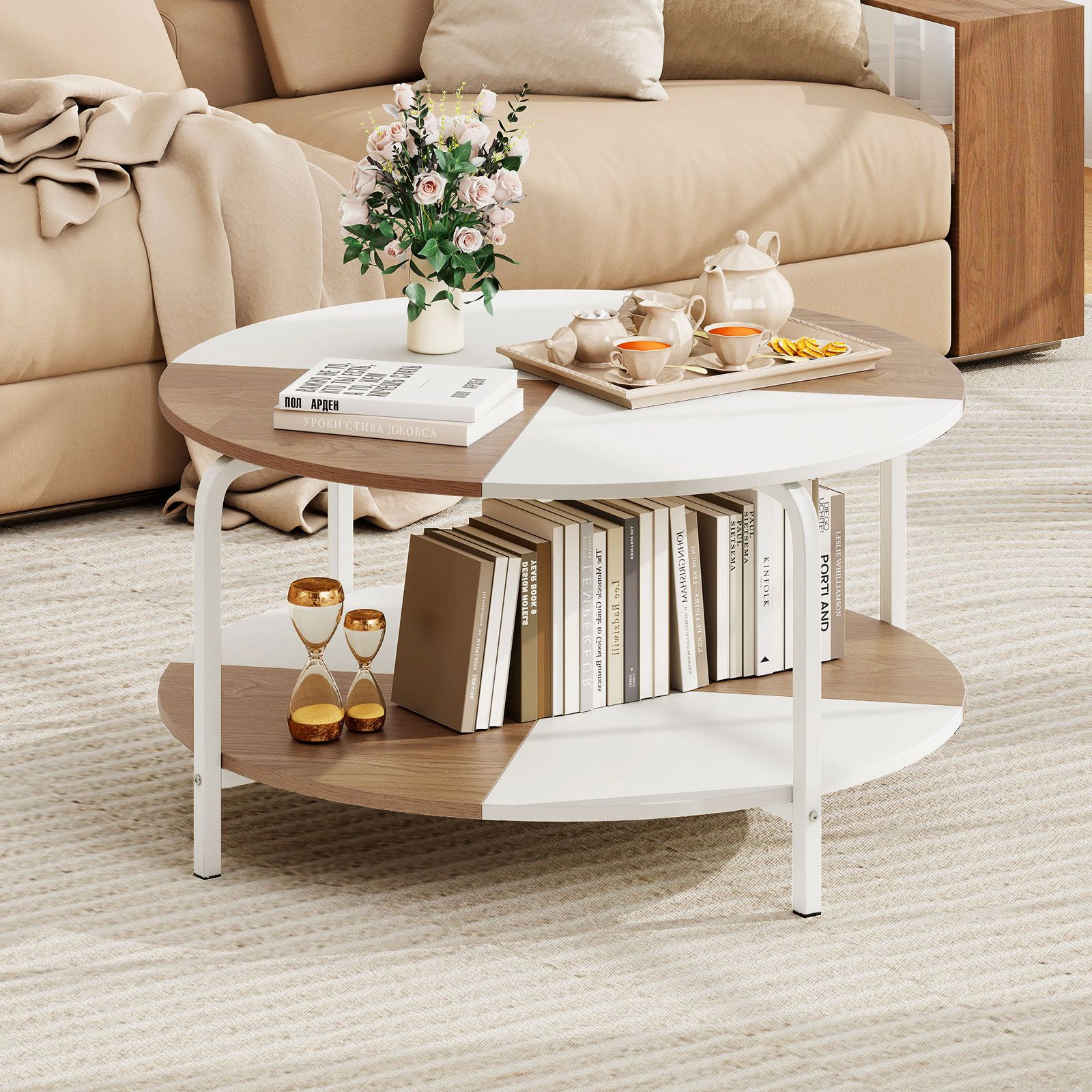 SlickBlue Round Center Table with 2 Tier Storage and Metal Frame