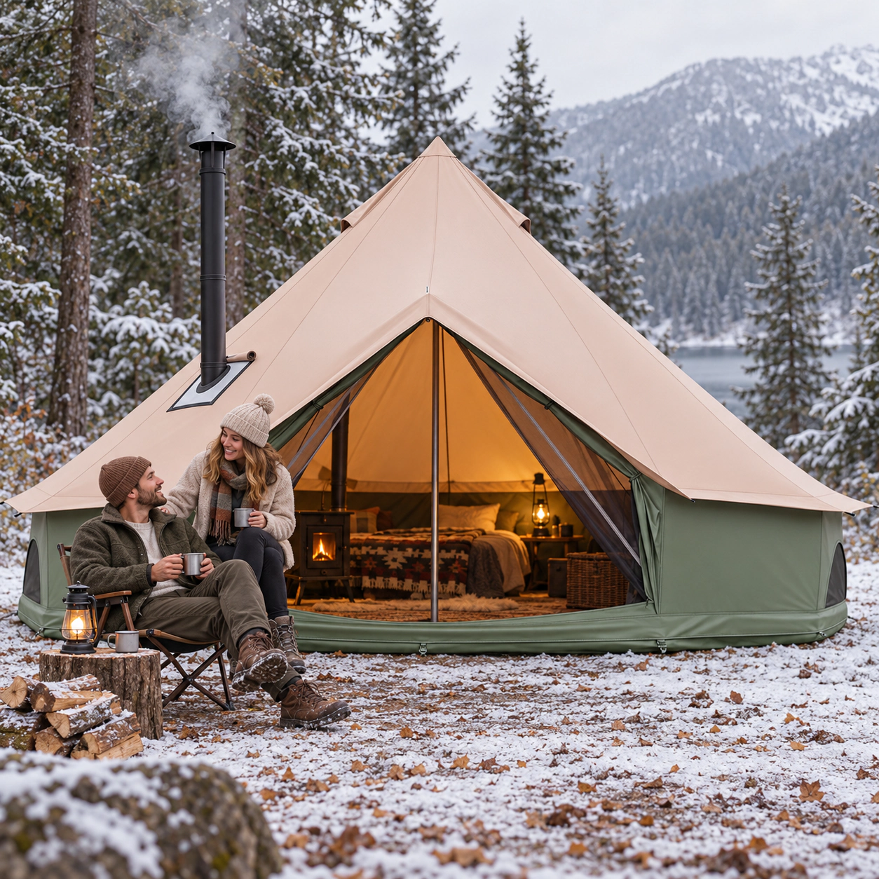 SUGIFT 2-4 Person Green Bell Tent with Stove Jack Mesh Windows and Splash-Proof Zippers 10-ft Dia 6.5-ft H
