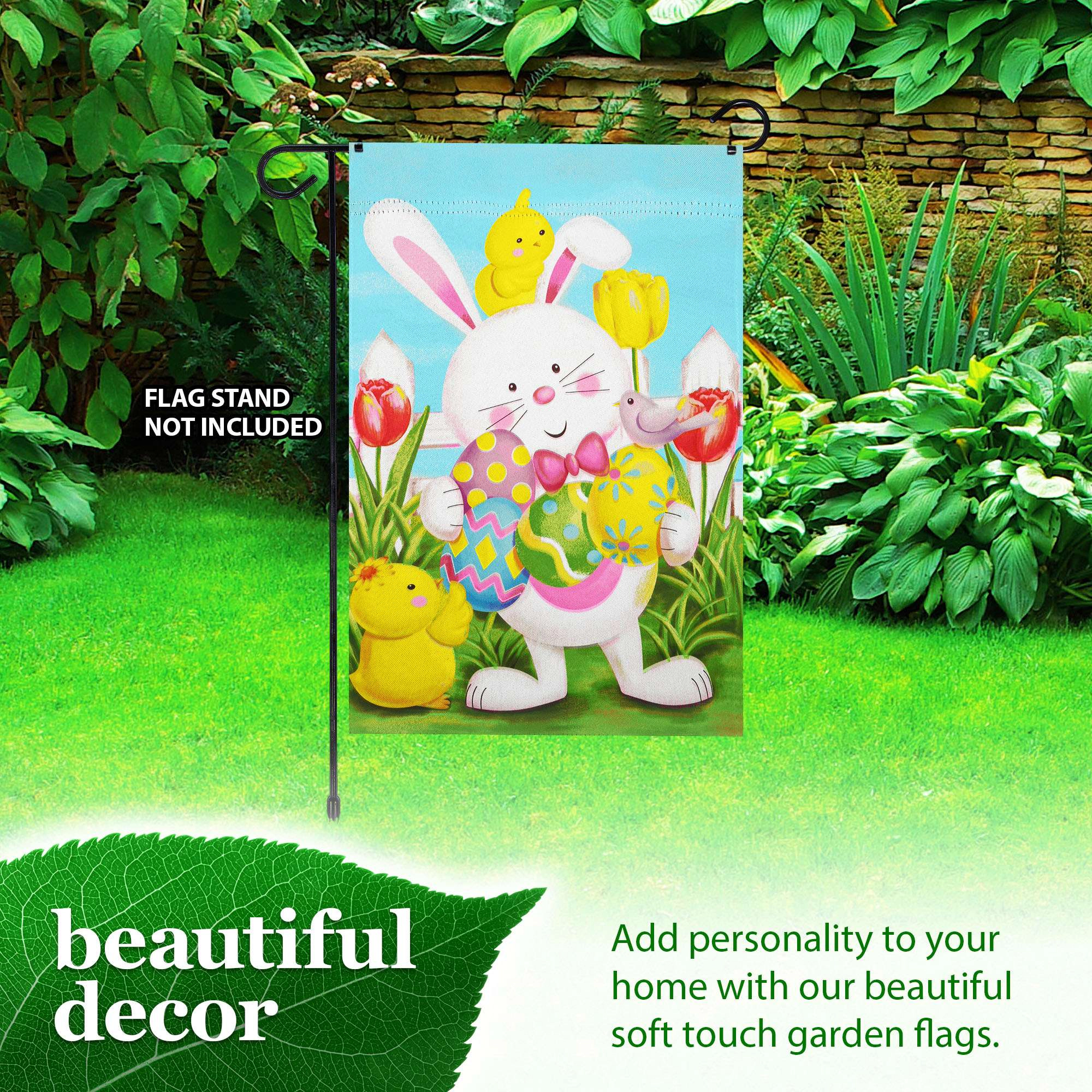 G128 Happy Easter Garden Flag 12x18 in Double-Sided White Bunny with Eggs