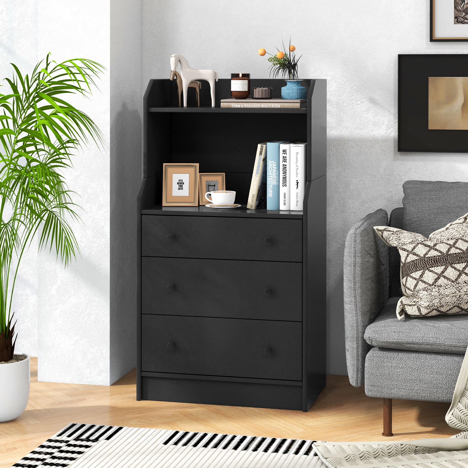 SlickBlue 3 Drawer Storage Dresser with Open Shelves for Bedroom