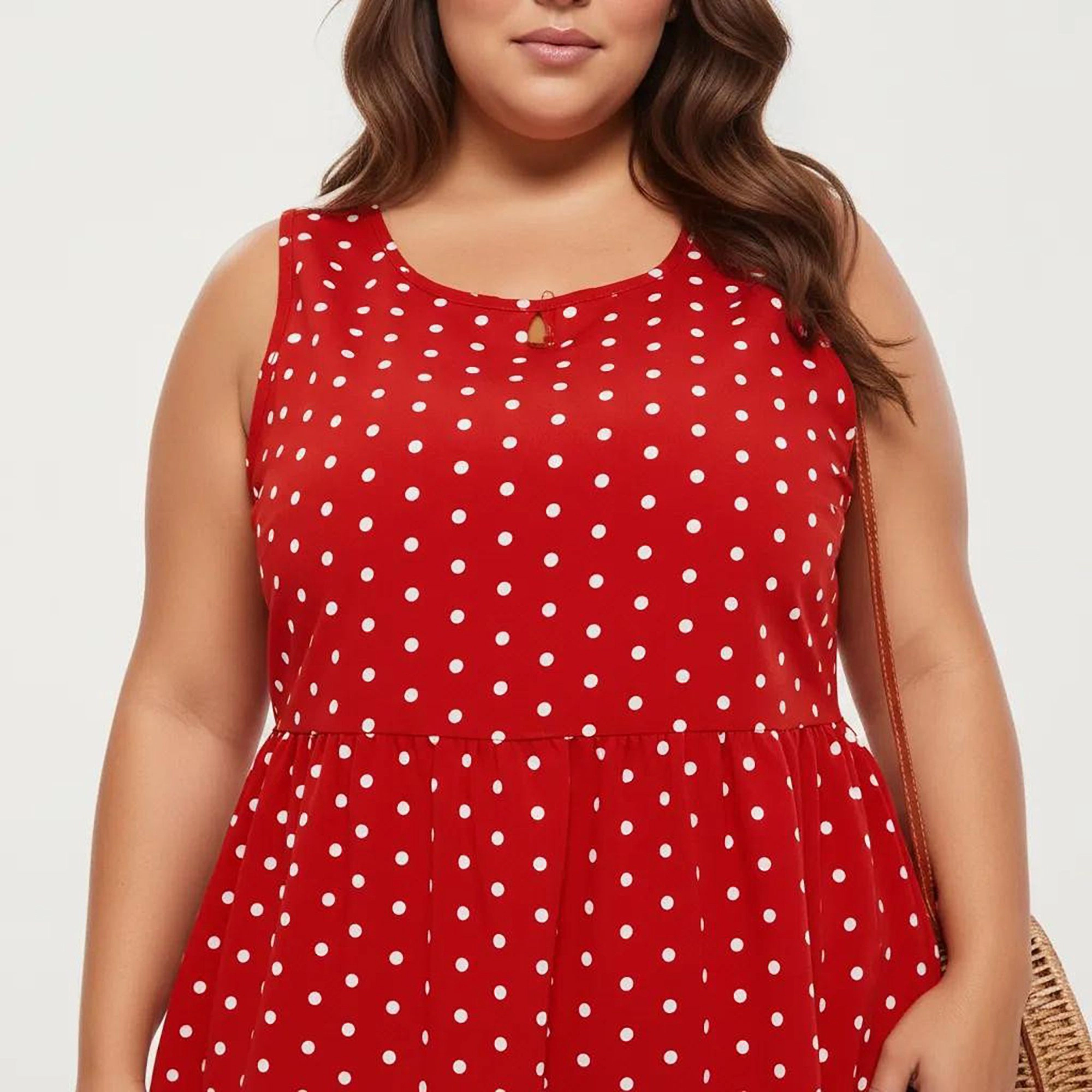 Anna-Kaci Women's Plus Sleeveless Scoop Neck Polka Dot Print Tiered Skirt Flowy Babydoll Silhouette Dress