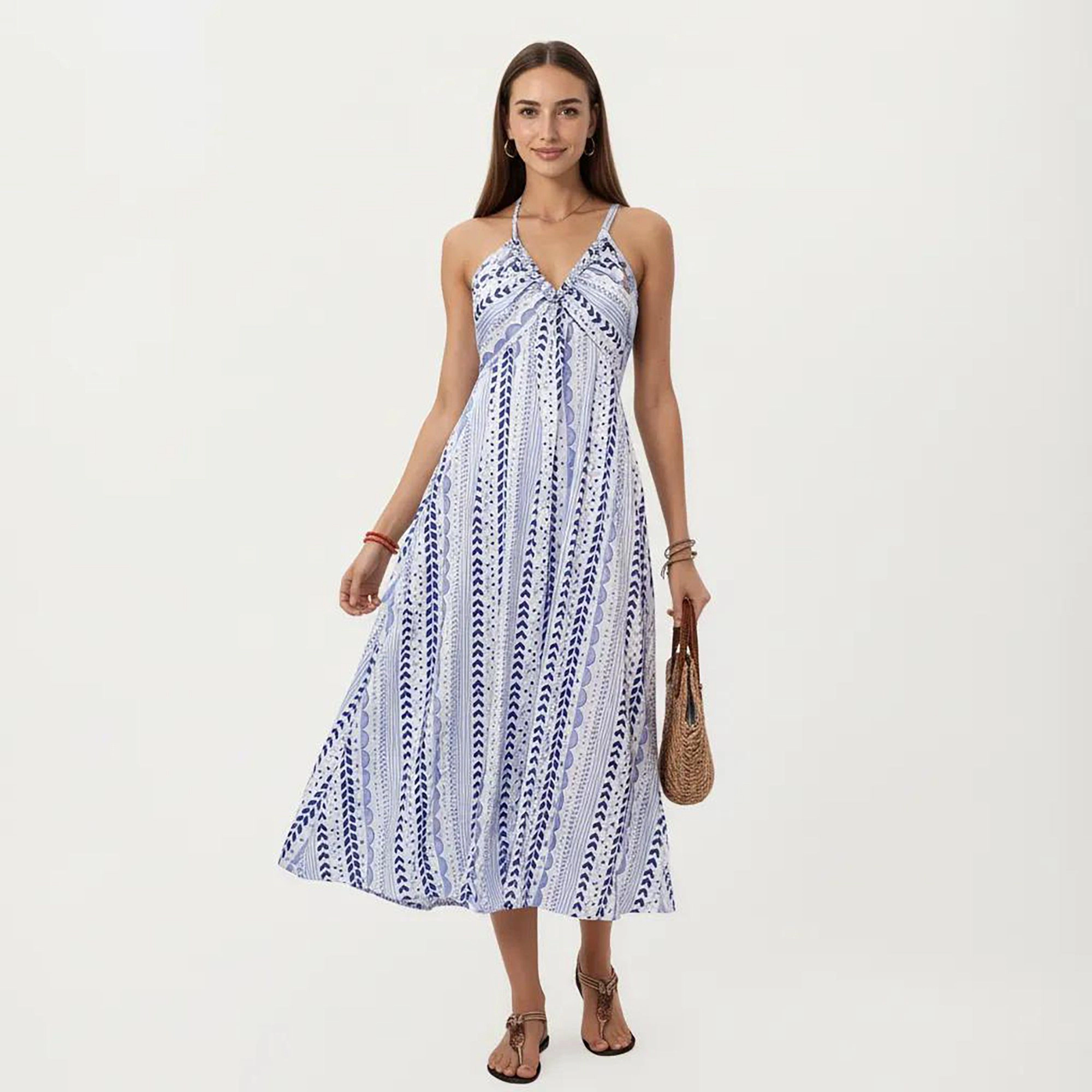 Anna-Kaci Women's Halter Neck V Smocked Bodice Flowing A Line Skirt Midi Dress