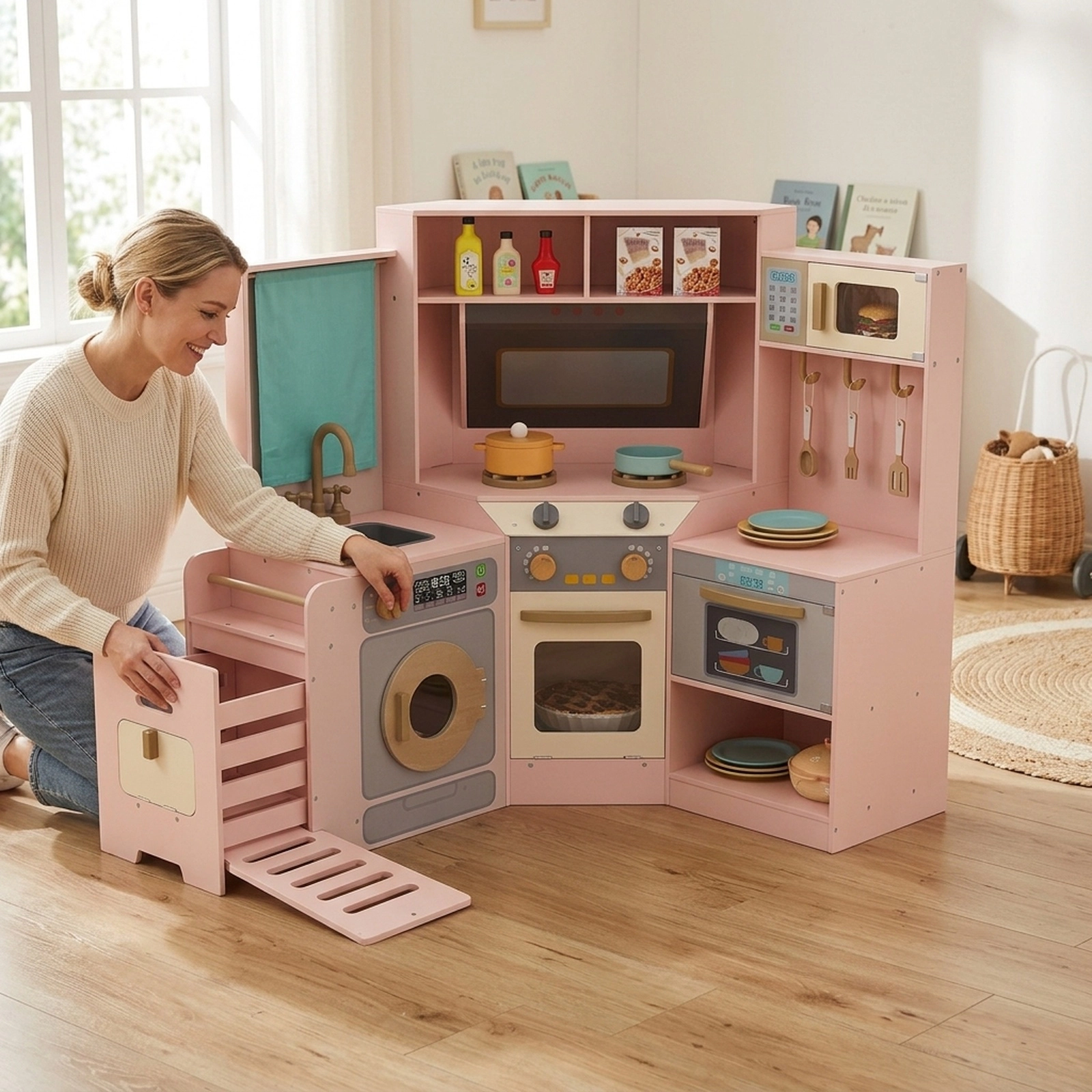 Corner Kids Play Kitchen with Pull-Out Trash Can Lighted Stoves Dishwasher and Curtain 46-in x 23-in x 37-in Pink