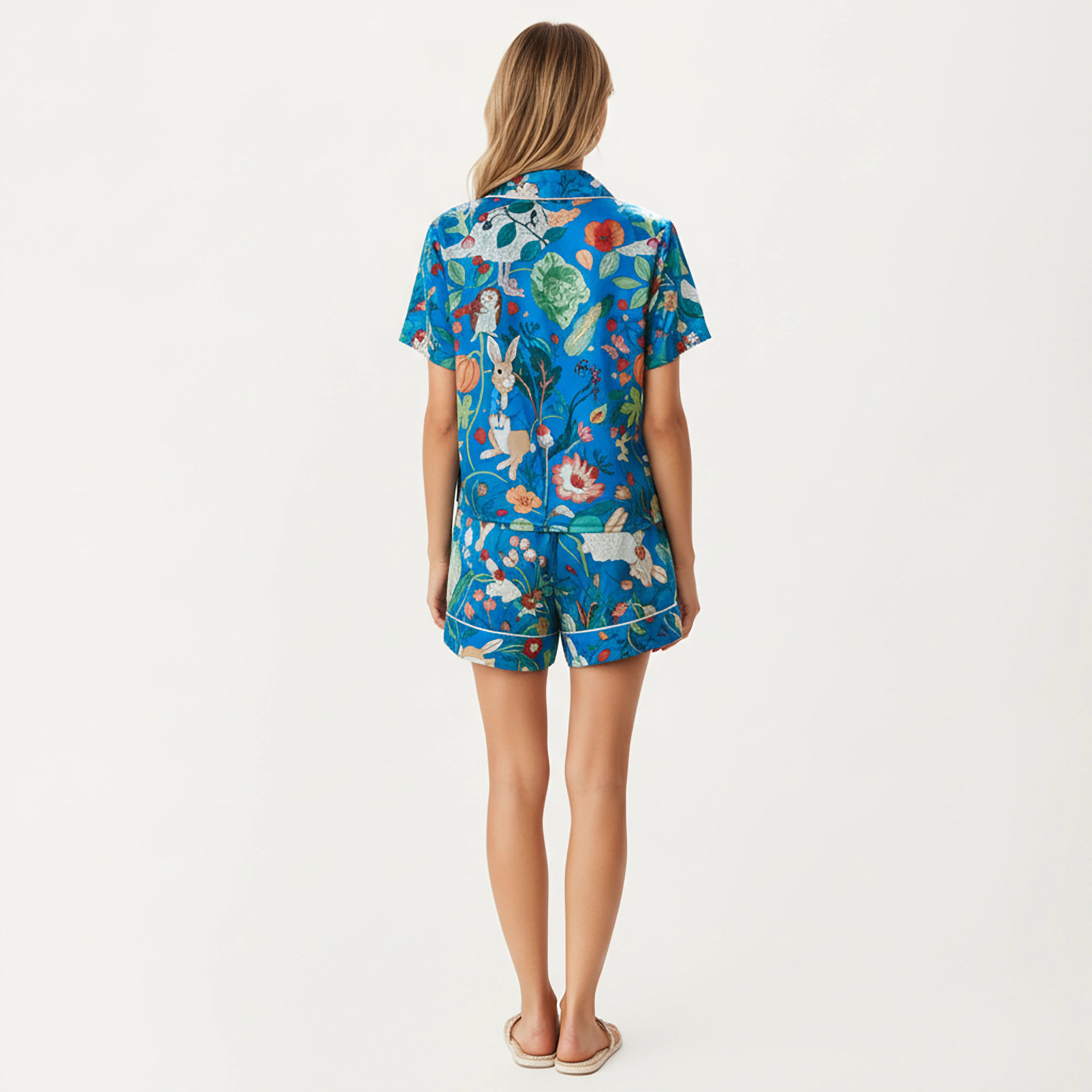 Anna-Kaci Women's Whimsical Garden Animal Print Pajama Set with Short Sleeve Button Up Top and Matching Shorts