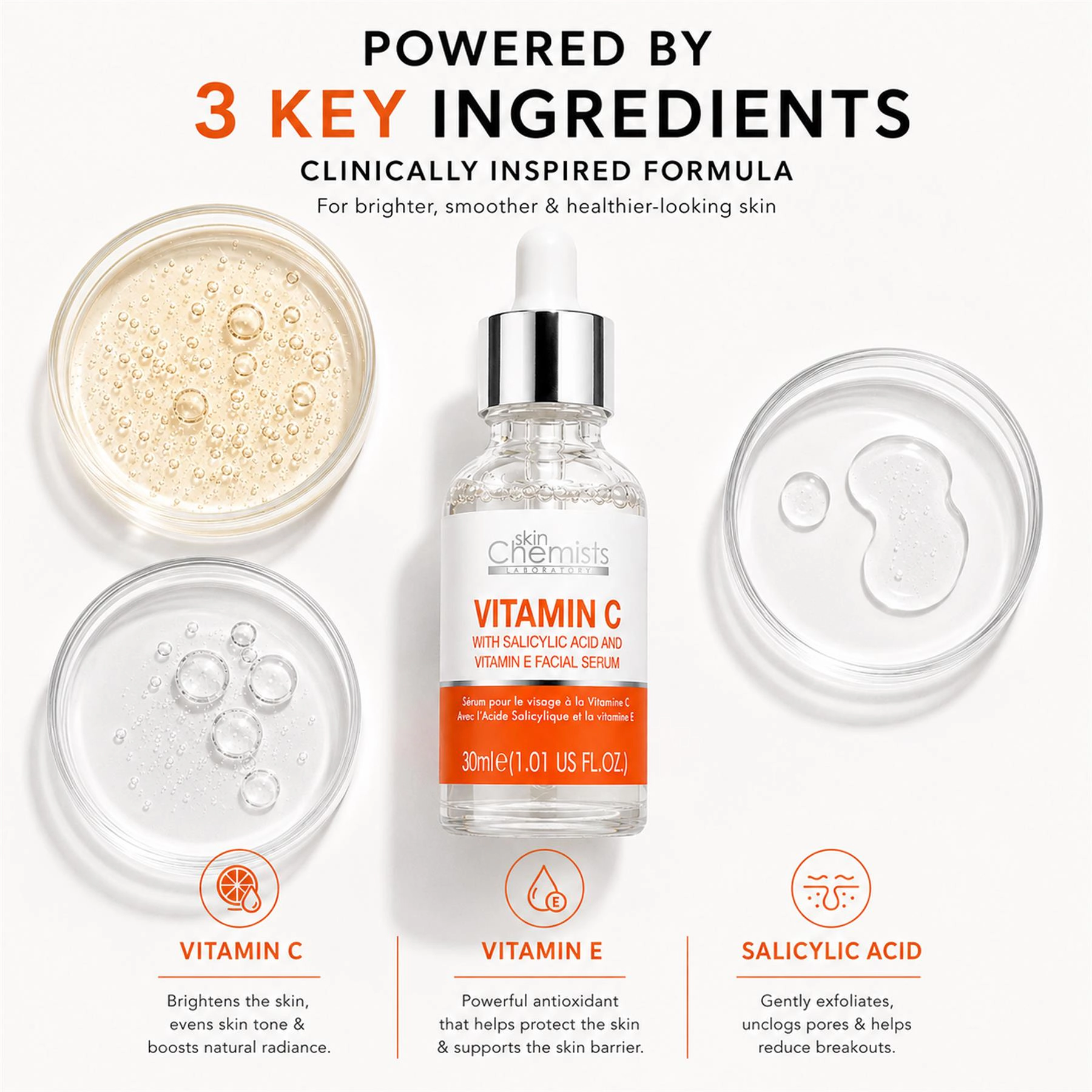 skinChemists Vitamin C & Salicylic Acid Facial Serum 30ml - Brightening Gel for Acne, Blemishes and Large Pores
