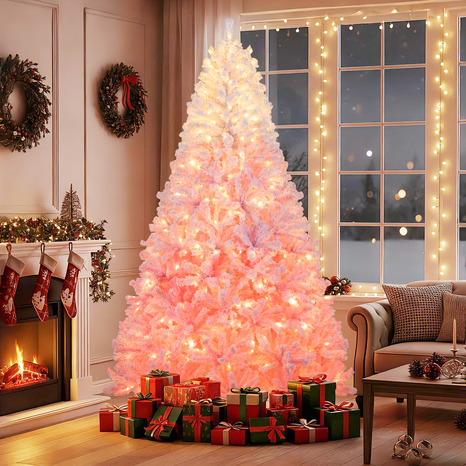 LJG 5/6/7/8 FT Artificial Christmas Tree with Warm White LED Lights and 8 Modes for Holiday