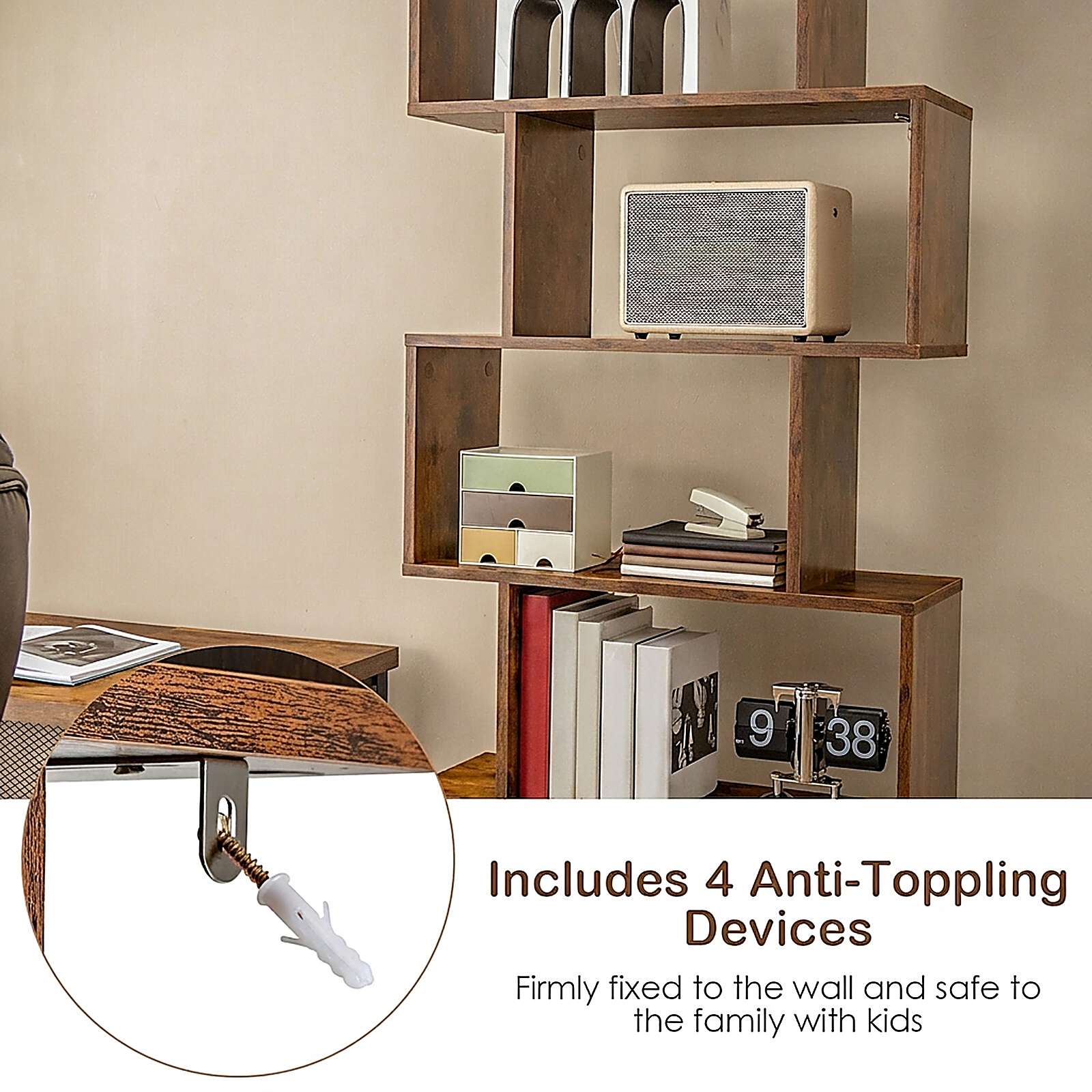 SUGIFT 27.5-in Wide S-Shaped Freestanding Bookshelf with 5 Open Tiers Cabinet and Doors 44-lb Shelf Capacity White