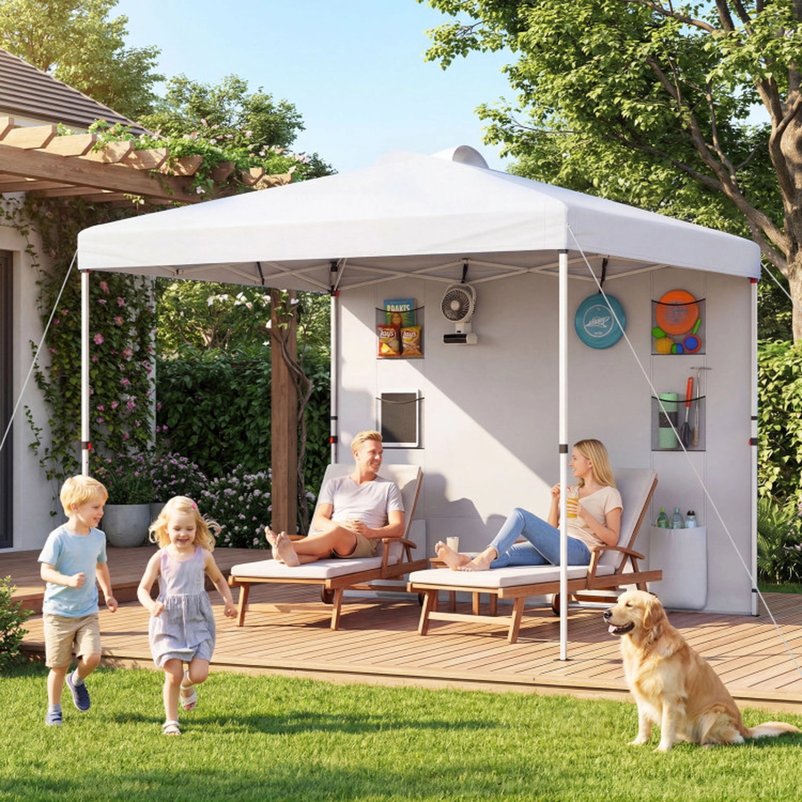 SUGIFT 10 ft x 10 ft White Pop-Up Canopy Tent, Adjustable Height, Sidewall and Storage Pockets