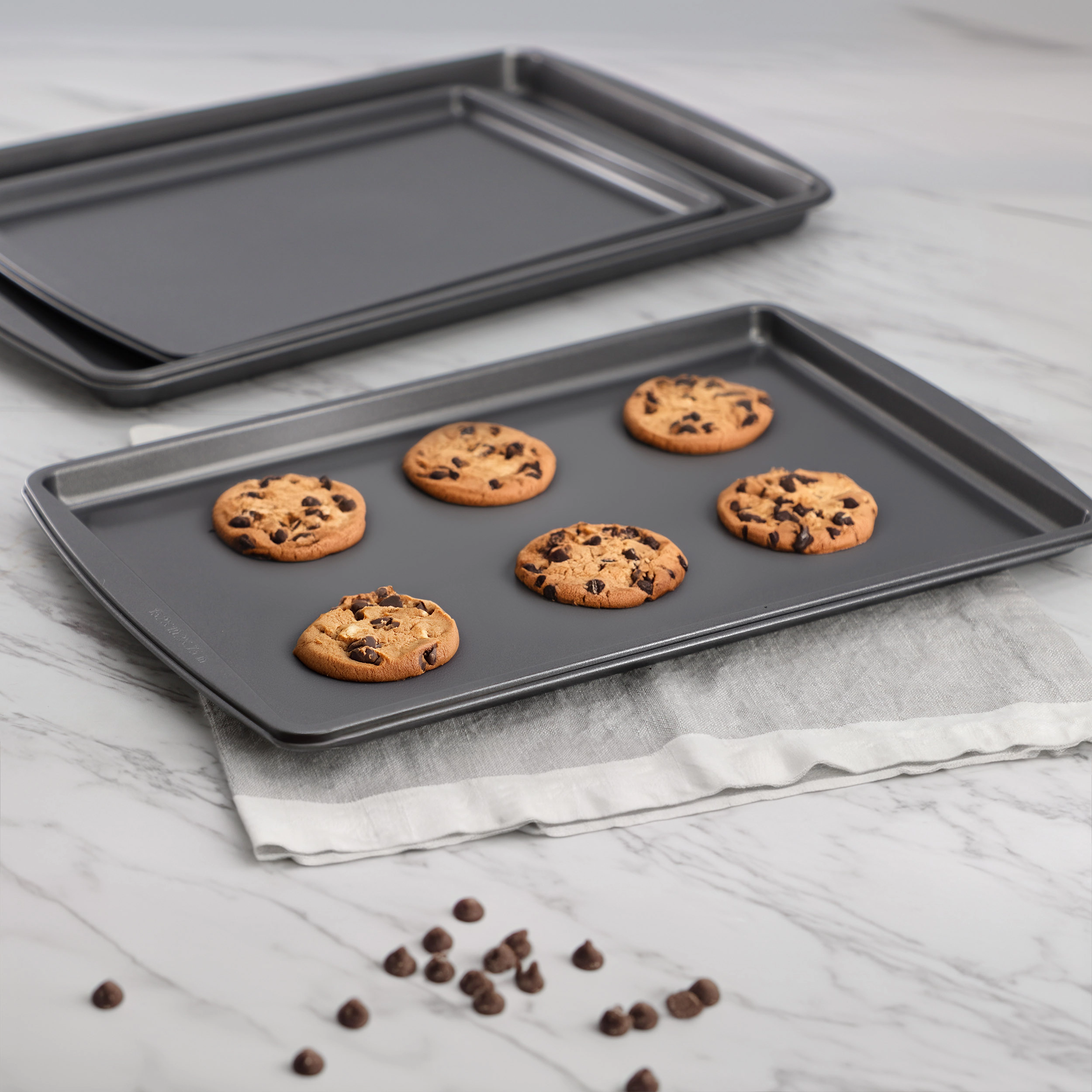 Gibson Home Love To Bake Nonstick Steel Jelly Roll 3 Piece Baking Sheet Set in Gray