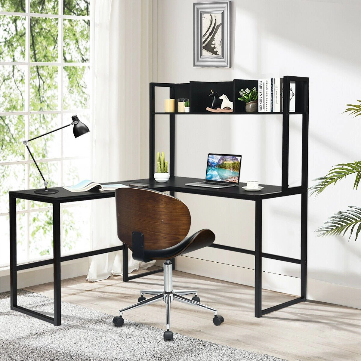 SlickBlue L-Shaped Computer Desk With Storage Hutch, 55 Inch
