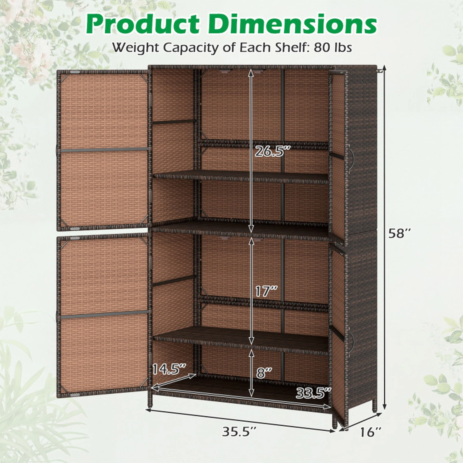 SUGIFT 4-Door Adjustable Shelves Hand-Woven PE Rattan Vertical Storage Shed 35.5-in x 16-in x 58-in 80-lb Shelf Brown