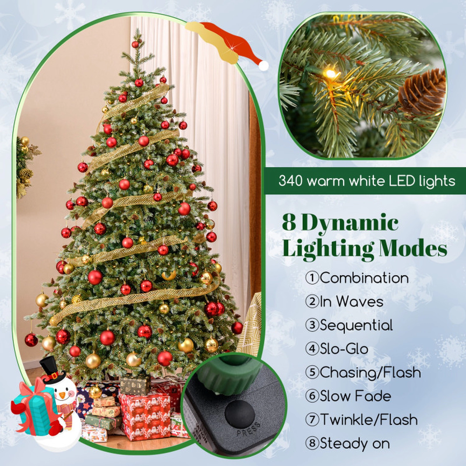 SUGIFT Pre-Lit 7-Foot Artificial Christmas Tree with 846 Branch Tips 340 Warm White LED Lights and Pine Cones Green