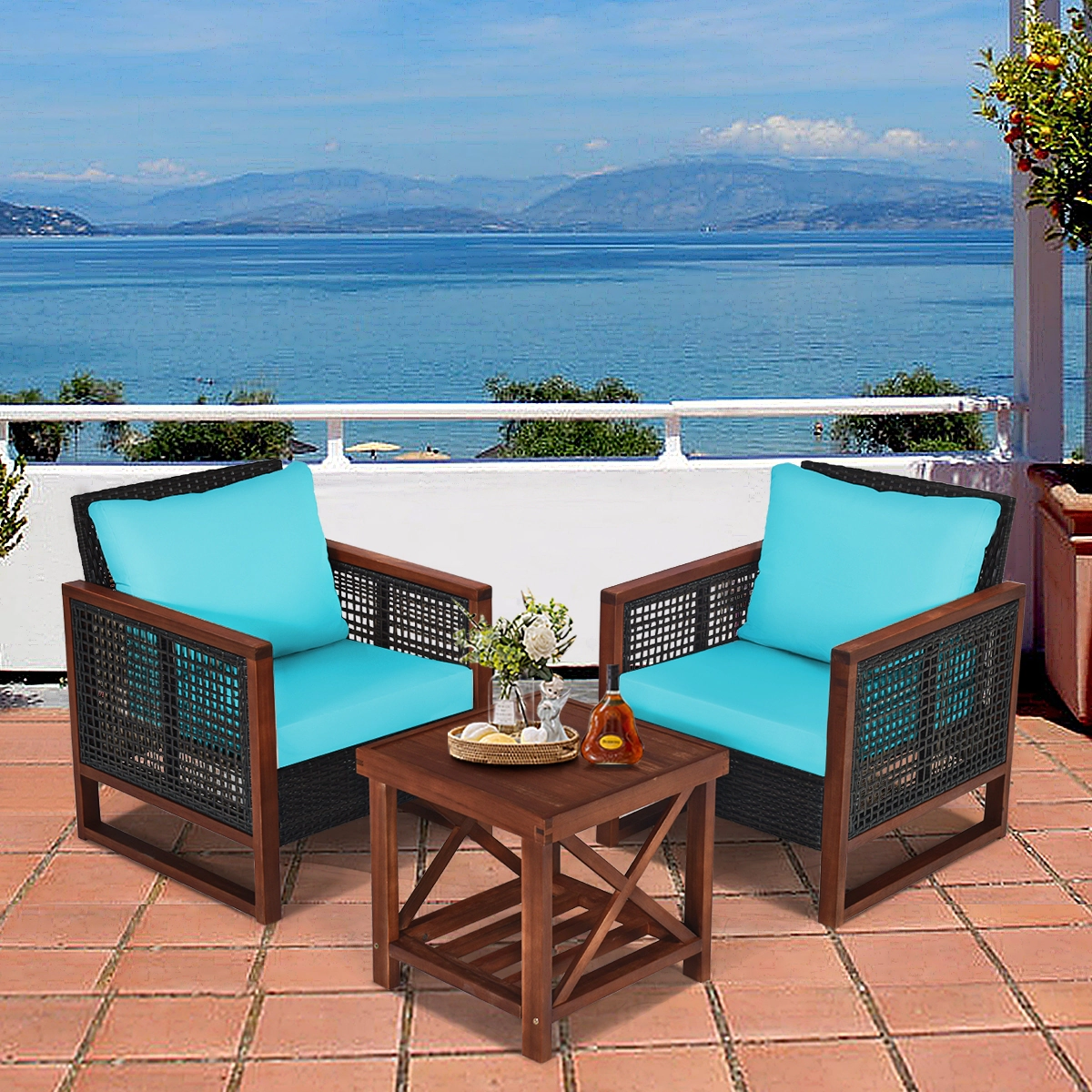 SUGIFT Turquoise 2-Shelf Coffee Table 3-Piece Acacia Wood and Rattan Patio Chair Set