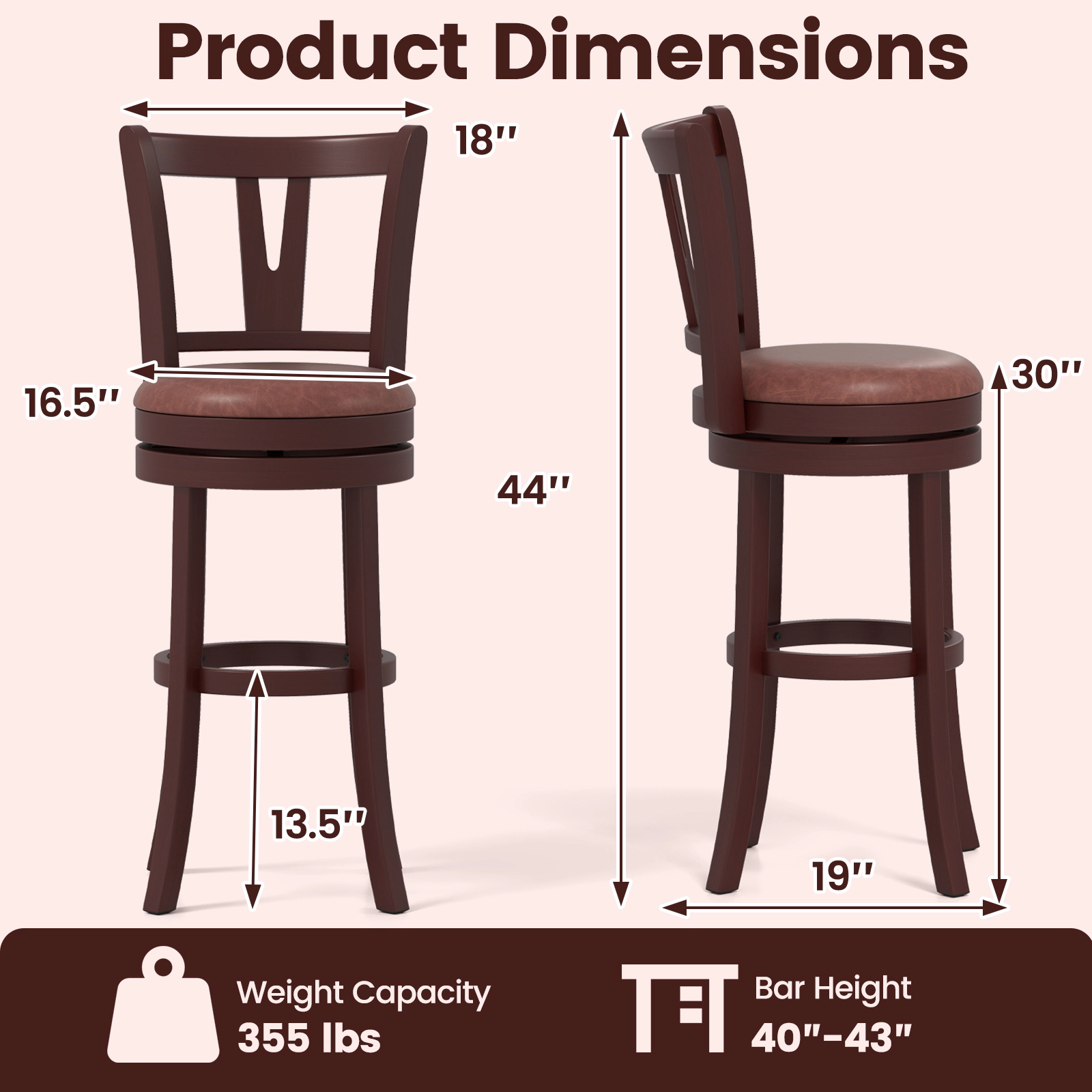 SUGIFT Set of 2 Cappuccino Faux Leather Swivel Bar Stools, 30-Inch High Back