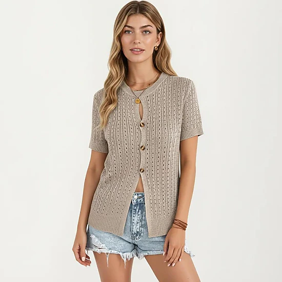 Anna-Kaci Women's Short Sleeve Open Knit Button Front Sweater Top with Crew Neck and Relaxed Fit