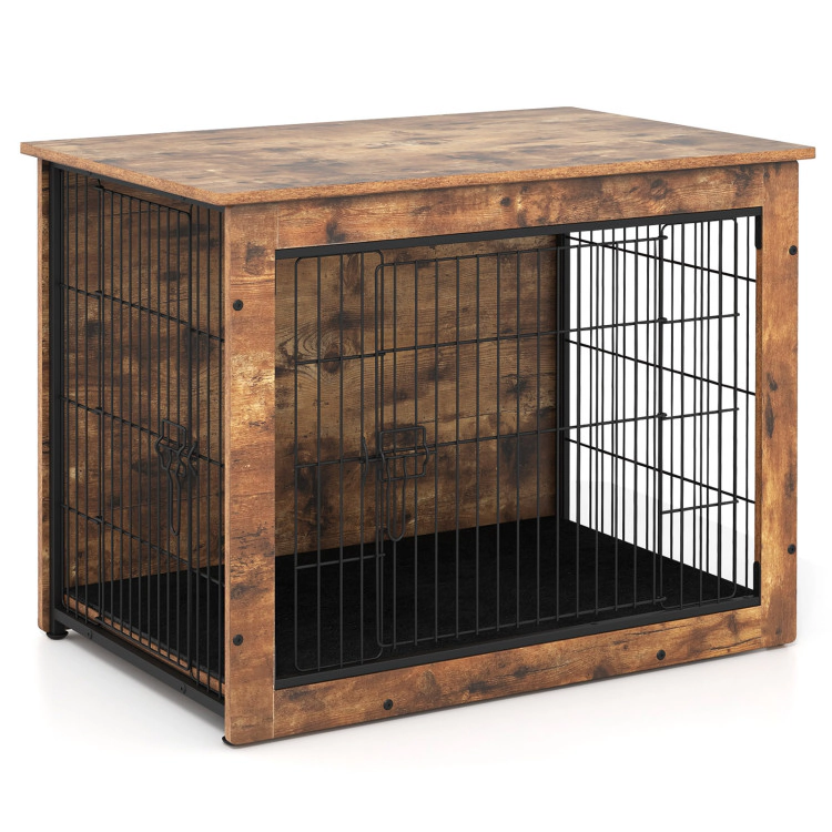 SUGIFT Dog Crate Furniture Rustic Brown with Cushion Double Doors and 176 lb Tabletop