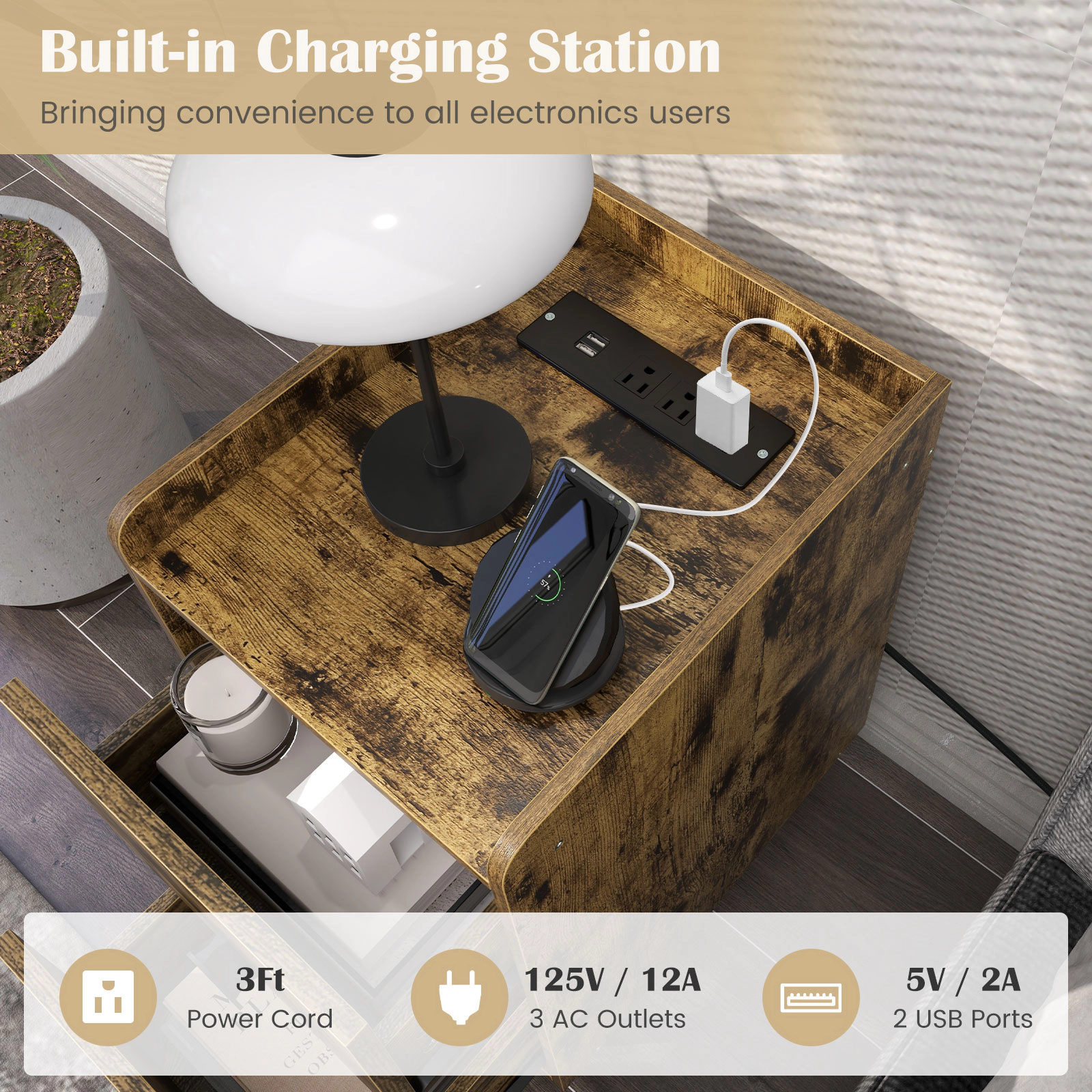 Hivvago Nightstand Side Tables with 2 Drawers and USB Ports